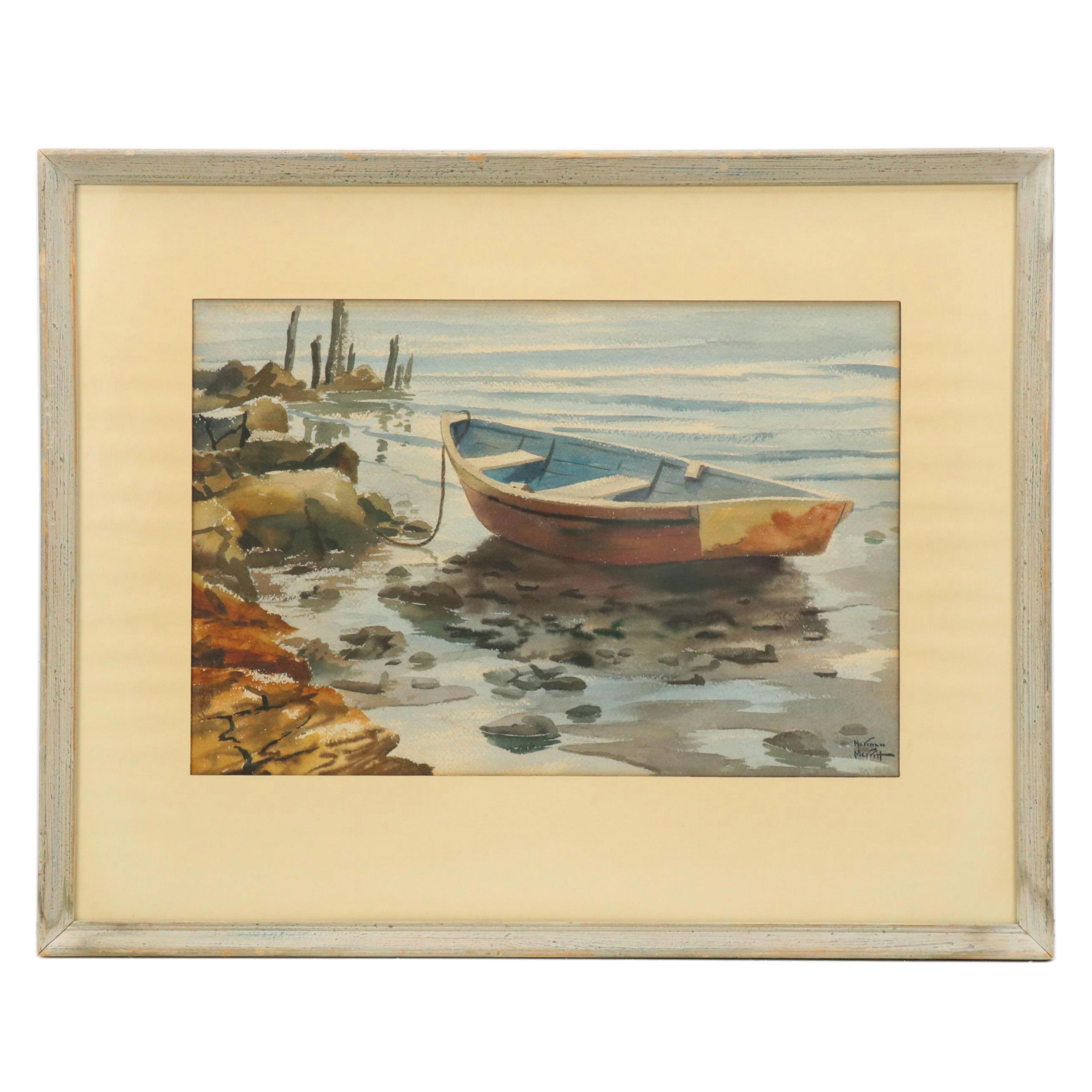 Norman Merritt Coastal Watercolor of Docked Rowboat, Mid to Late 20th Century