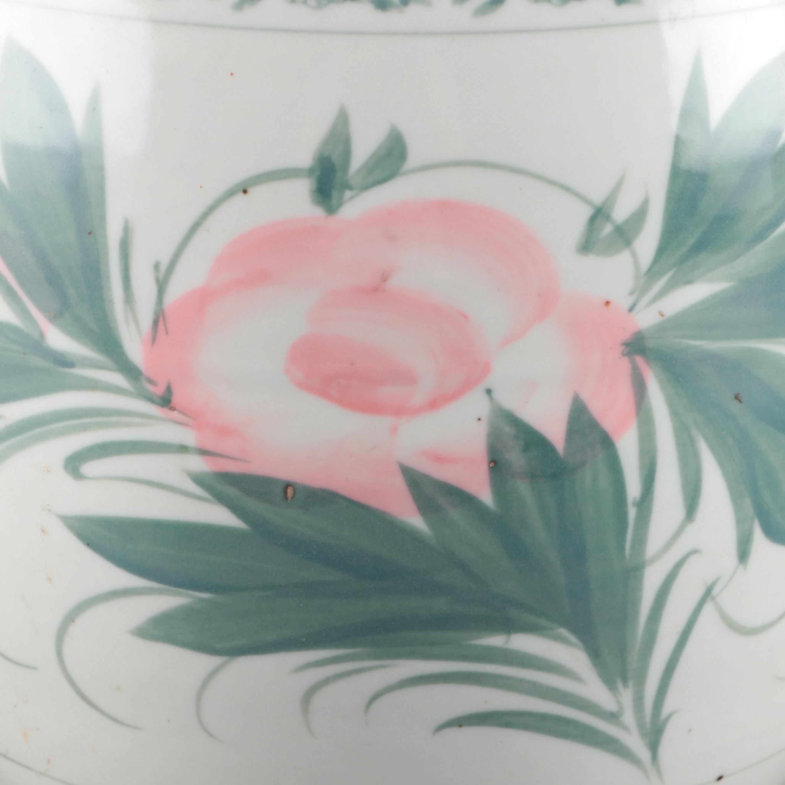 Hand-Painted Pink and Green Floral Earthenware Cookie Jar