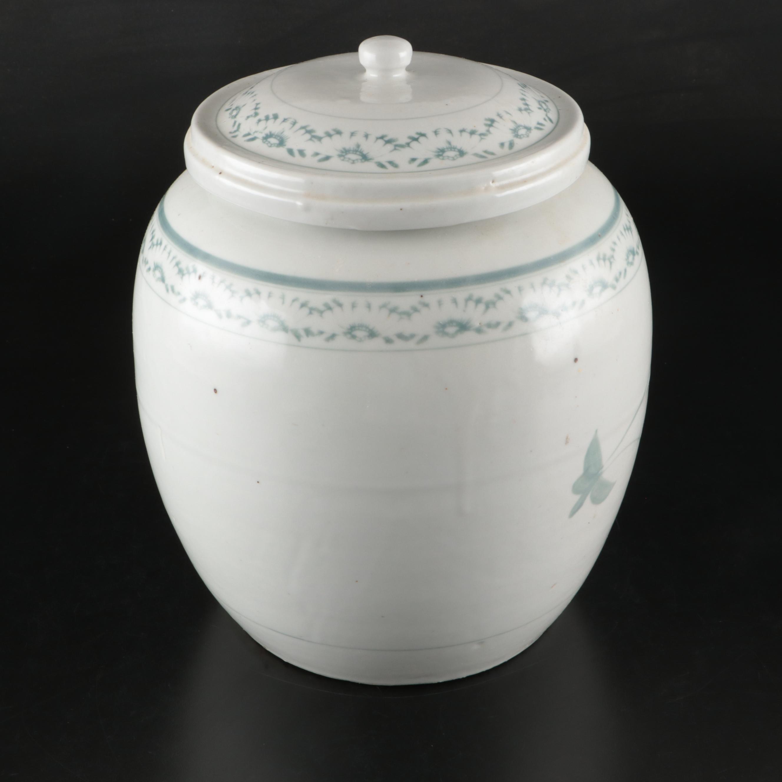 Hand-Painted Pink and Green Floral Earthenware Cookie Jar