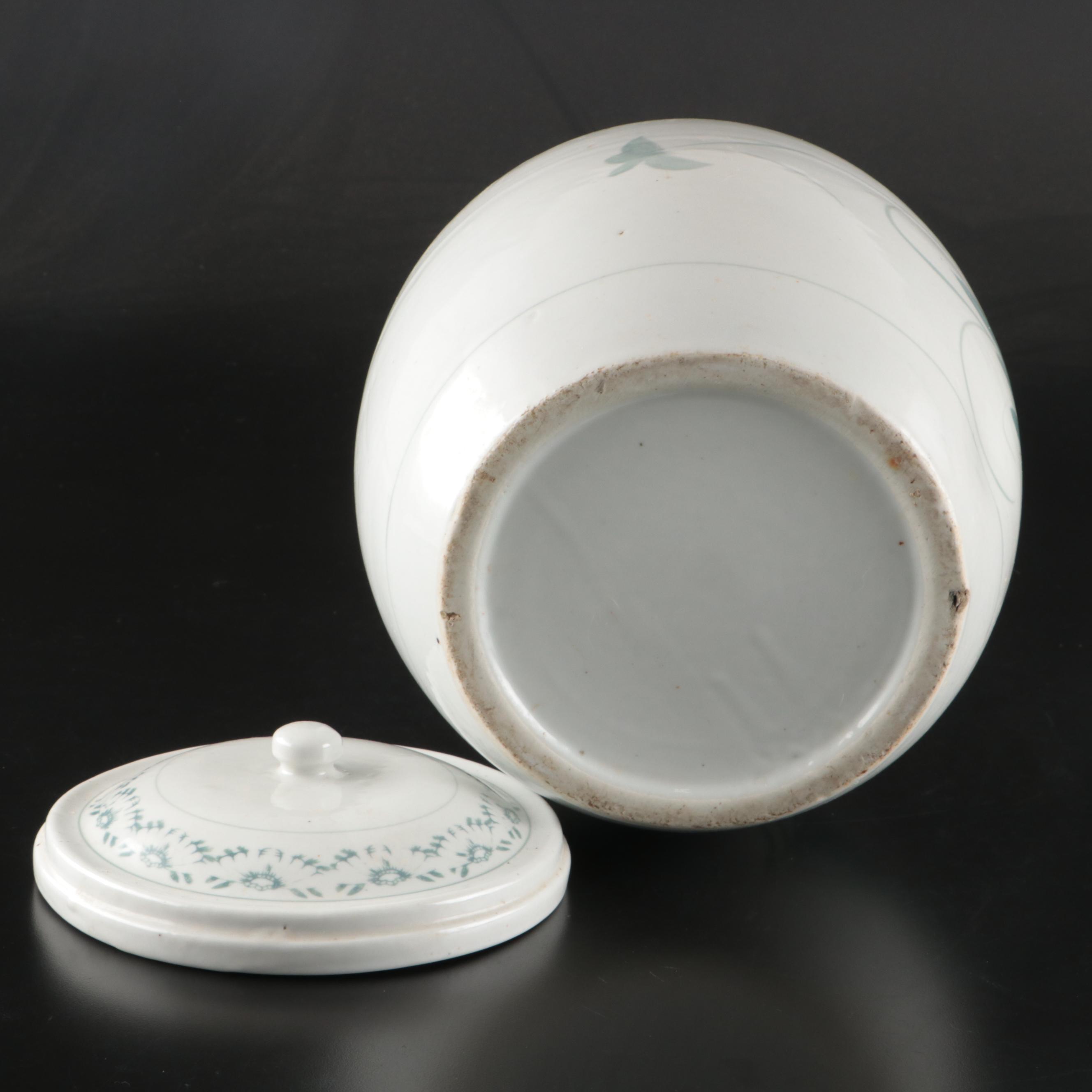 Hand-Painted Pink and Green Floral Earthenware Cookie Jar