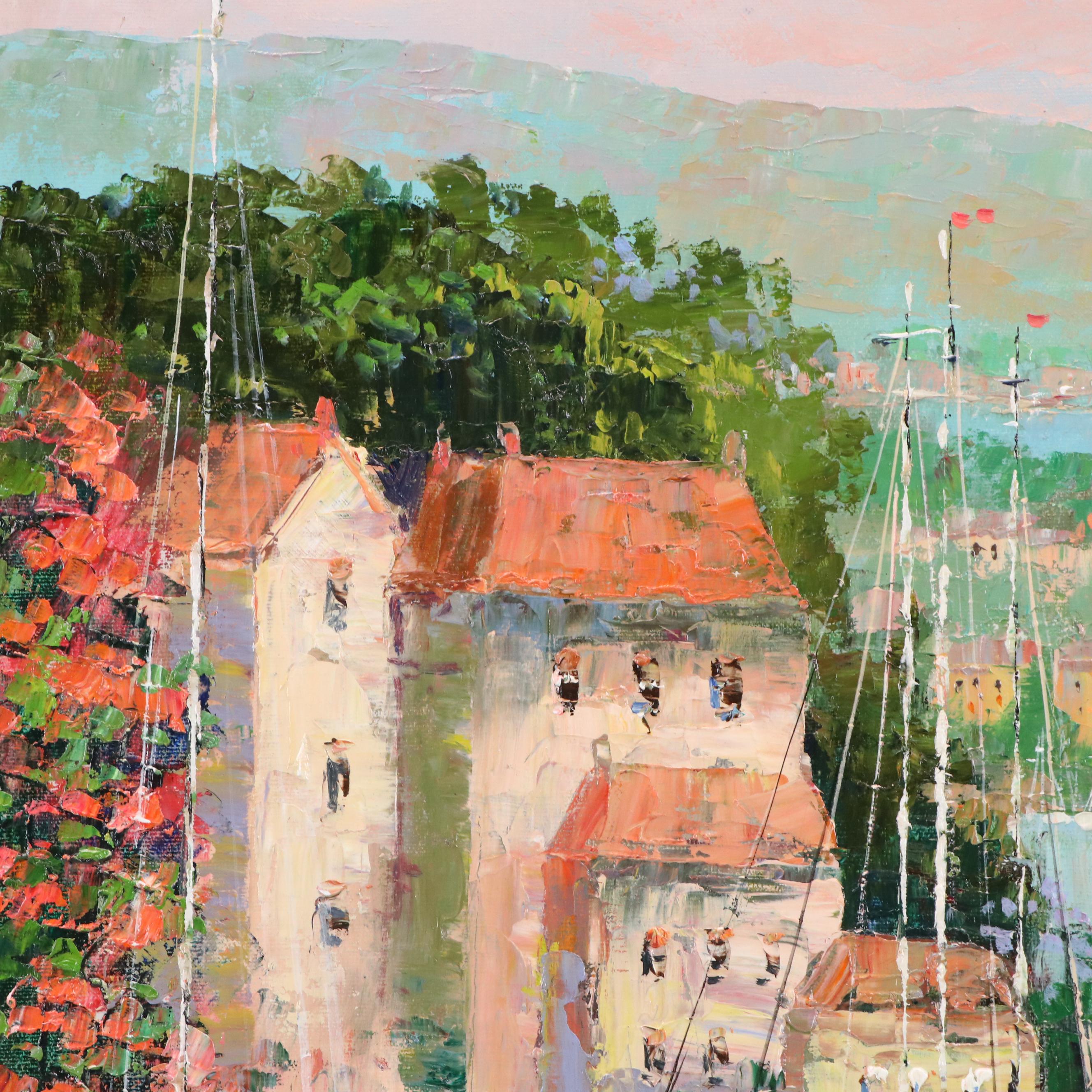 Matt Thomas Landscape Impasto Oil Painting of Mediterranean Style Marina