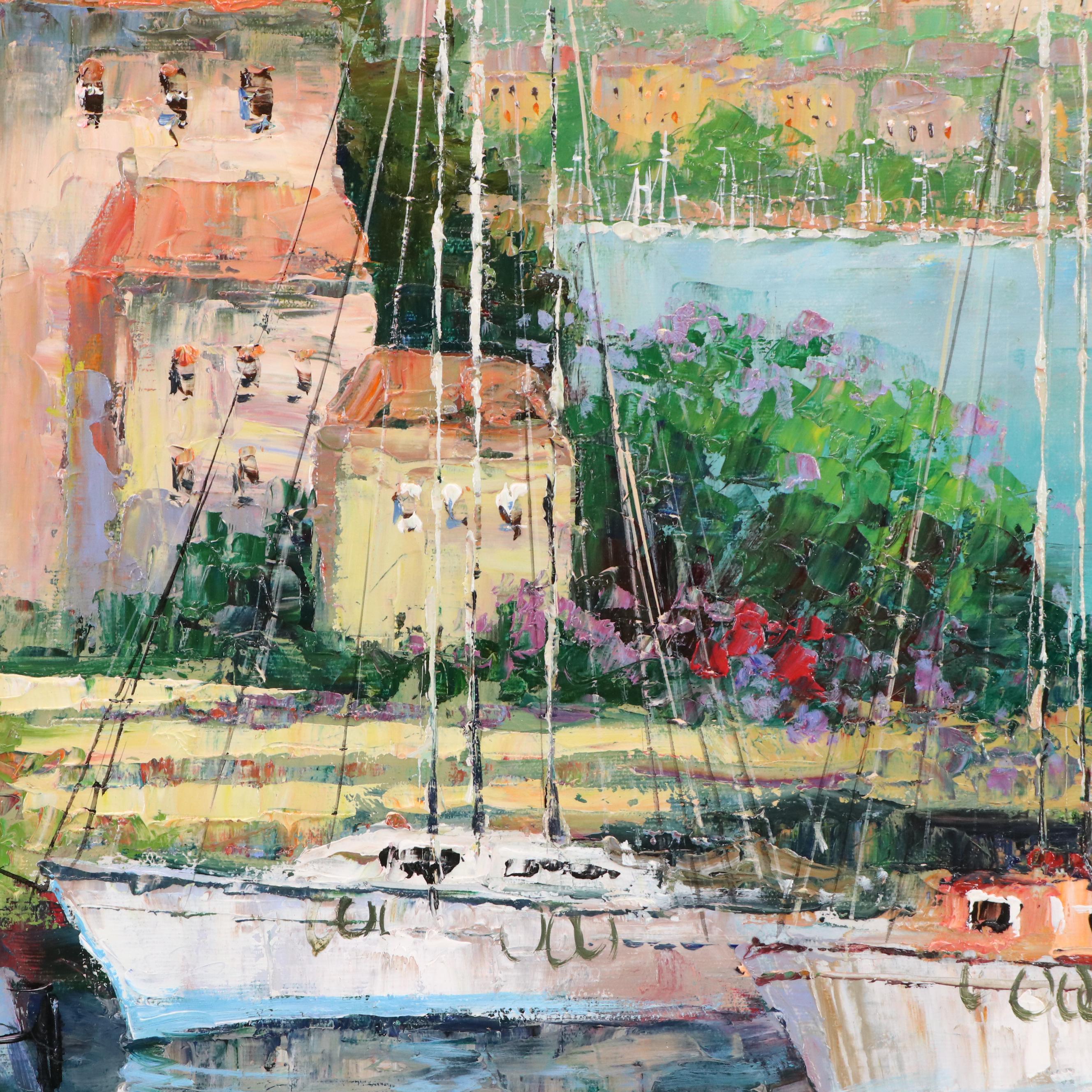 Matt Thomas Landscape Impasto Oil Painting of Mediterranean Style Marina