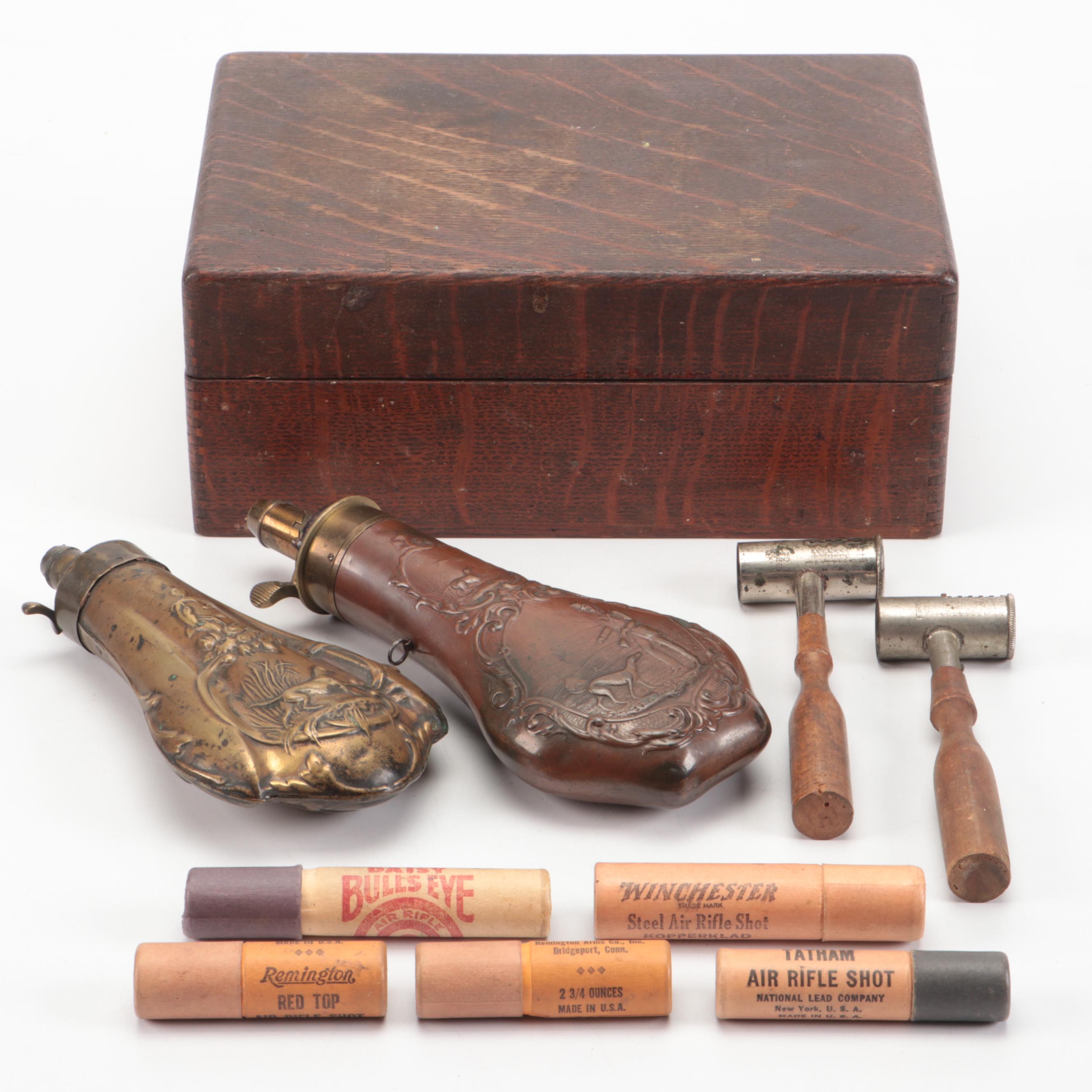 Copper and Bronze Bas Relief Powder Flasks with Shot Measures, More