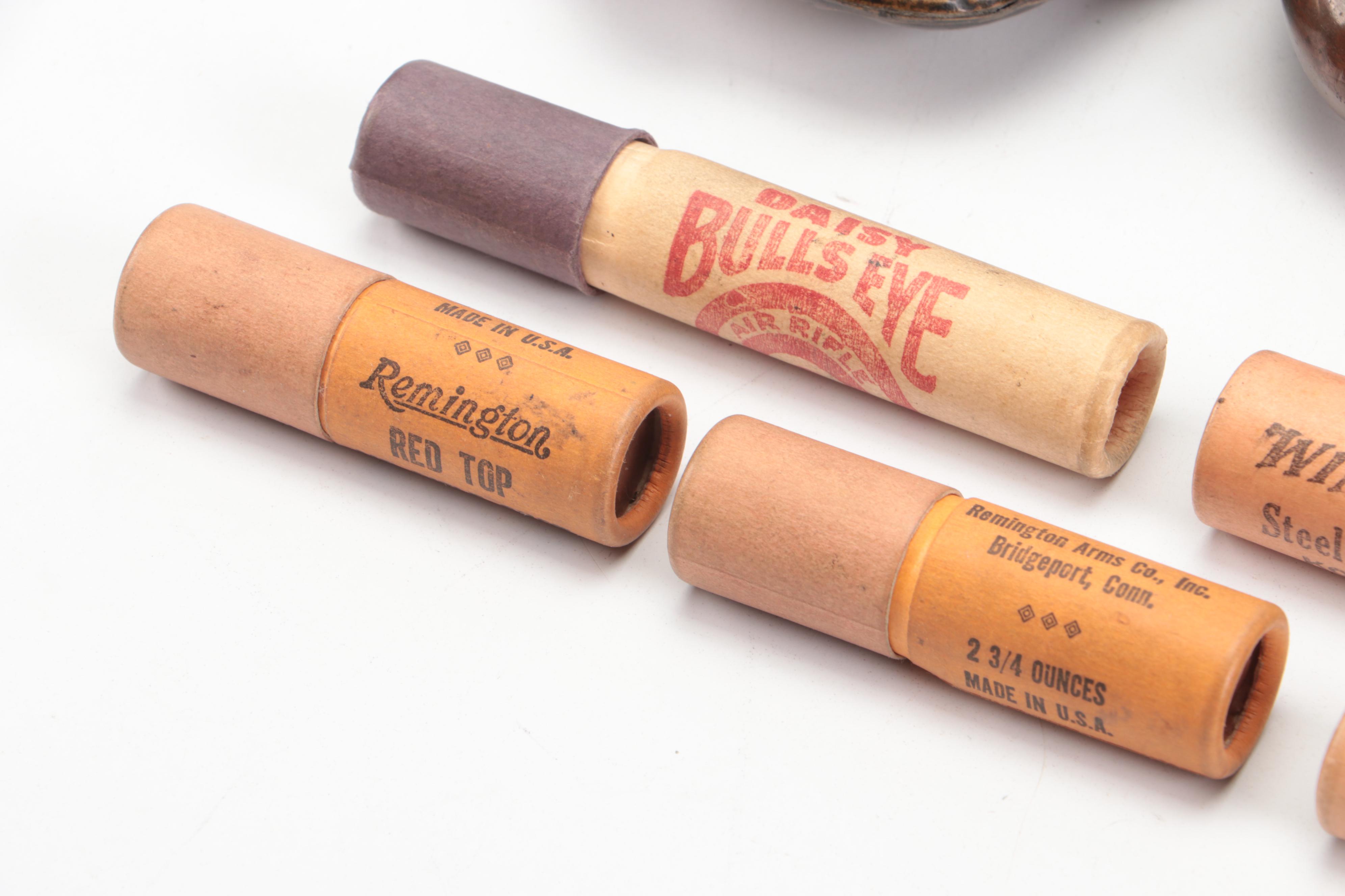 Copper and Bronze Bas Relief Powder Flasks with Shot Measures, More