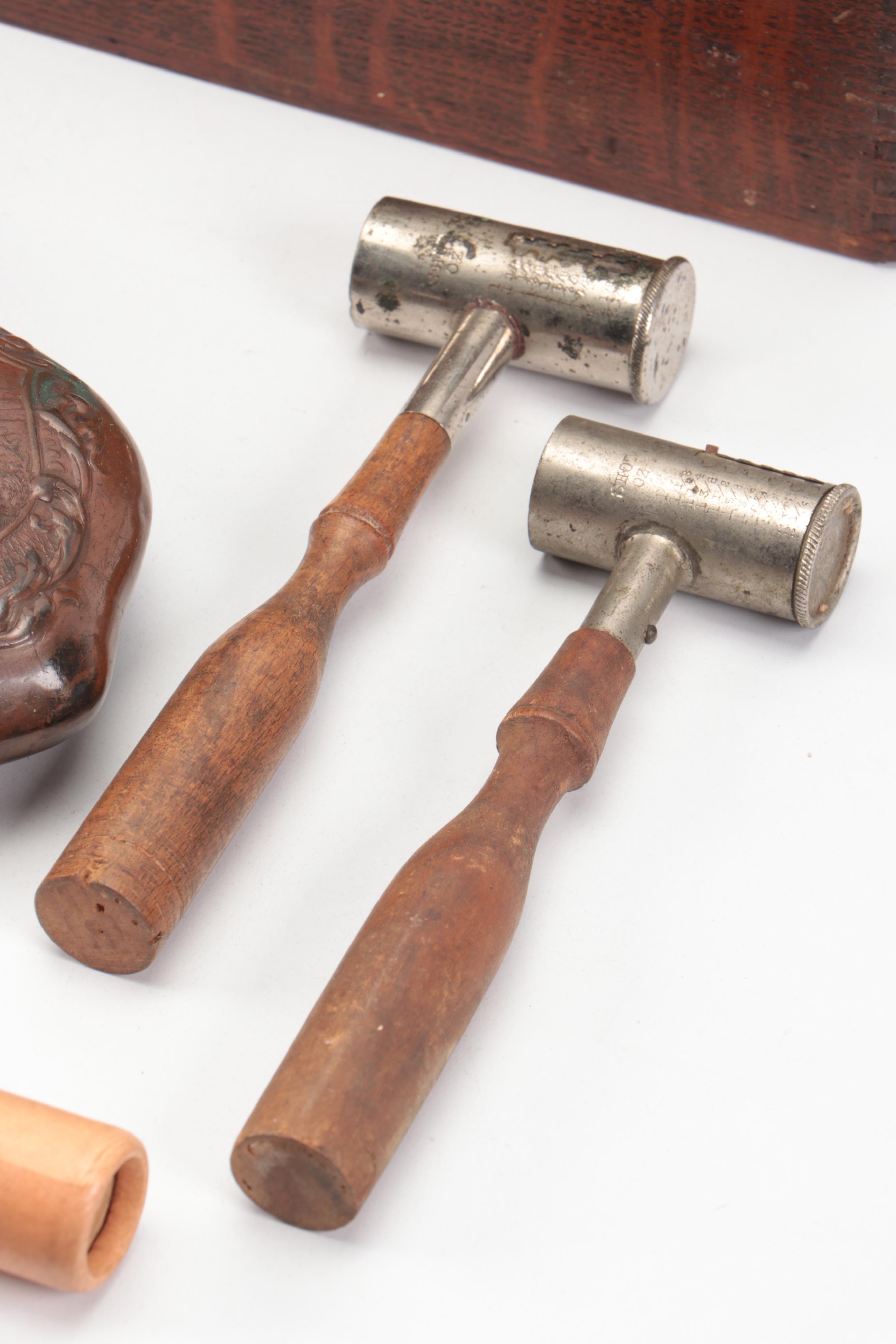 Copper and Bronze Bas Relief Powder Flasks with Shot Measures, More