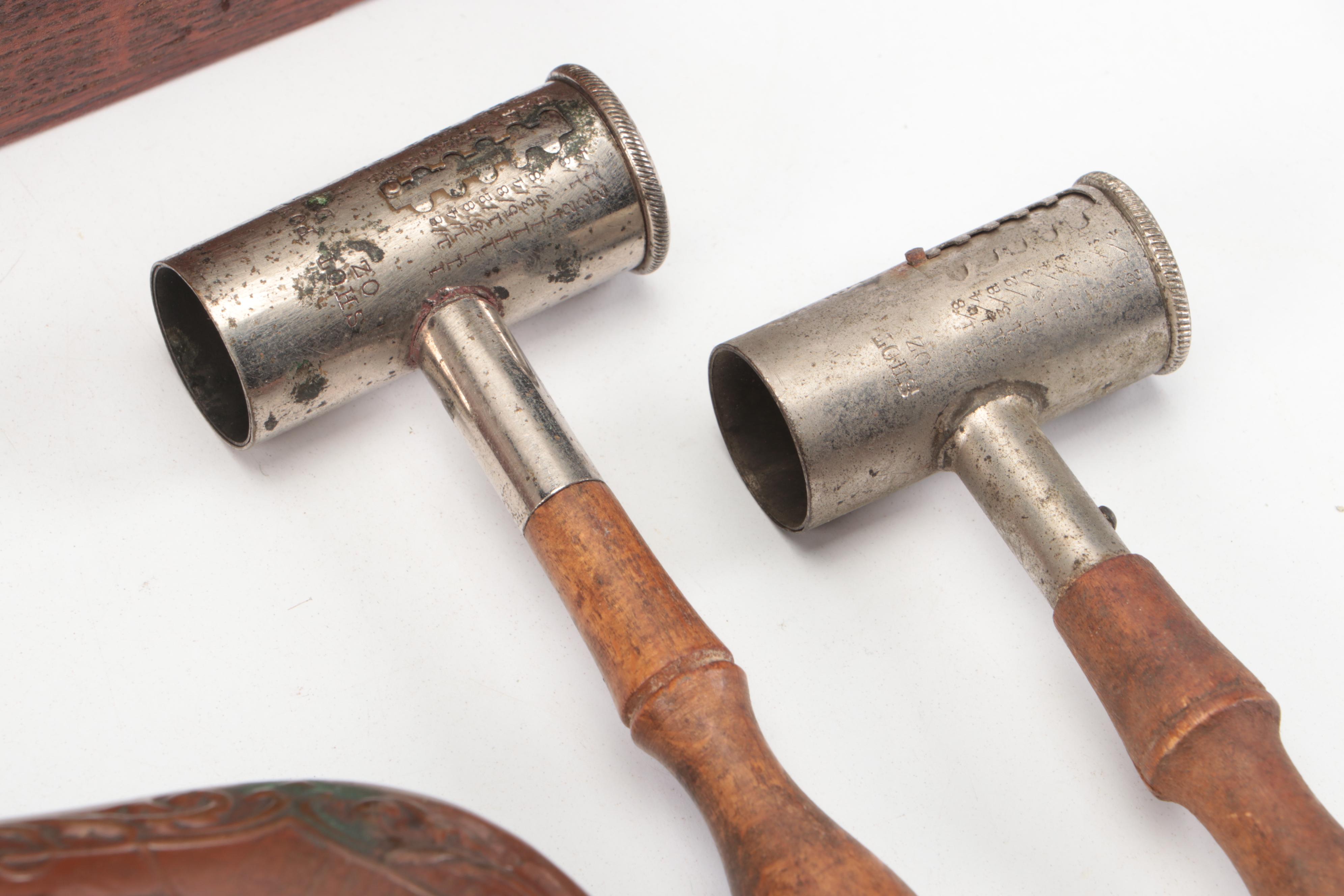 Copper and Bronze Bas Relief Powder Flasks with Shot Measures, More