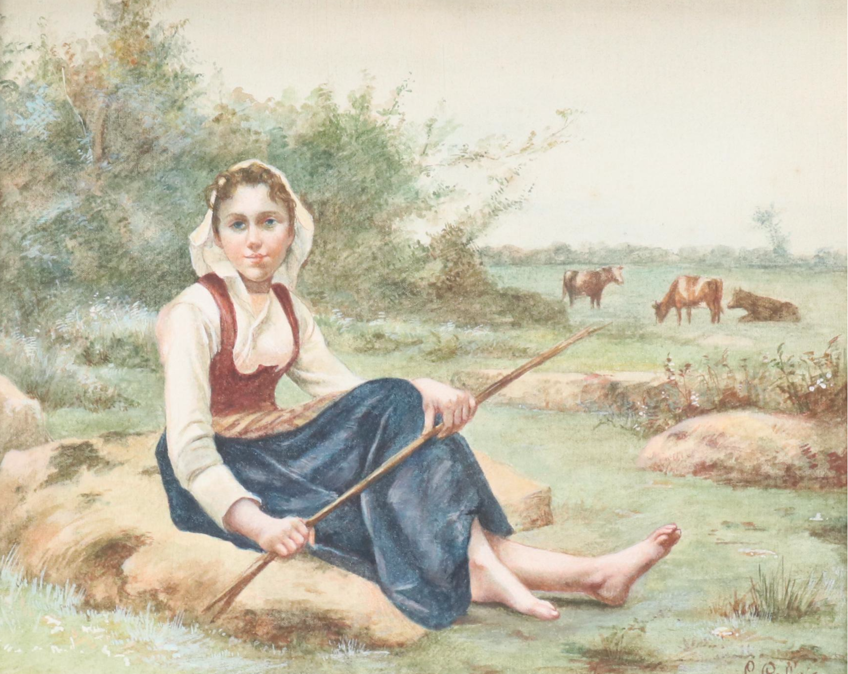L. Gallois Watercolor on Canvas of Shepherdess, 1891