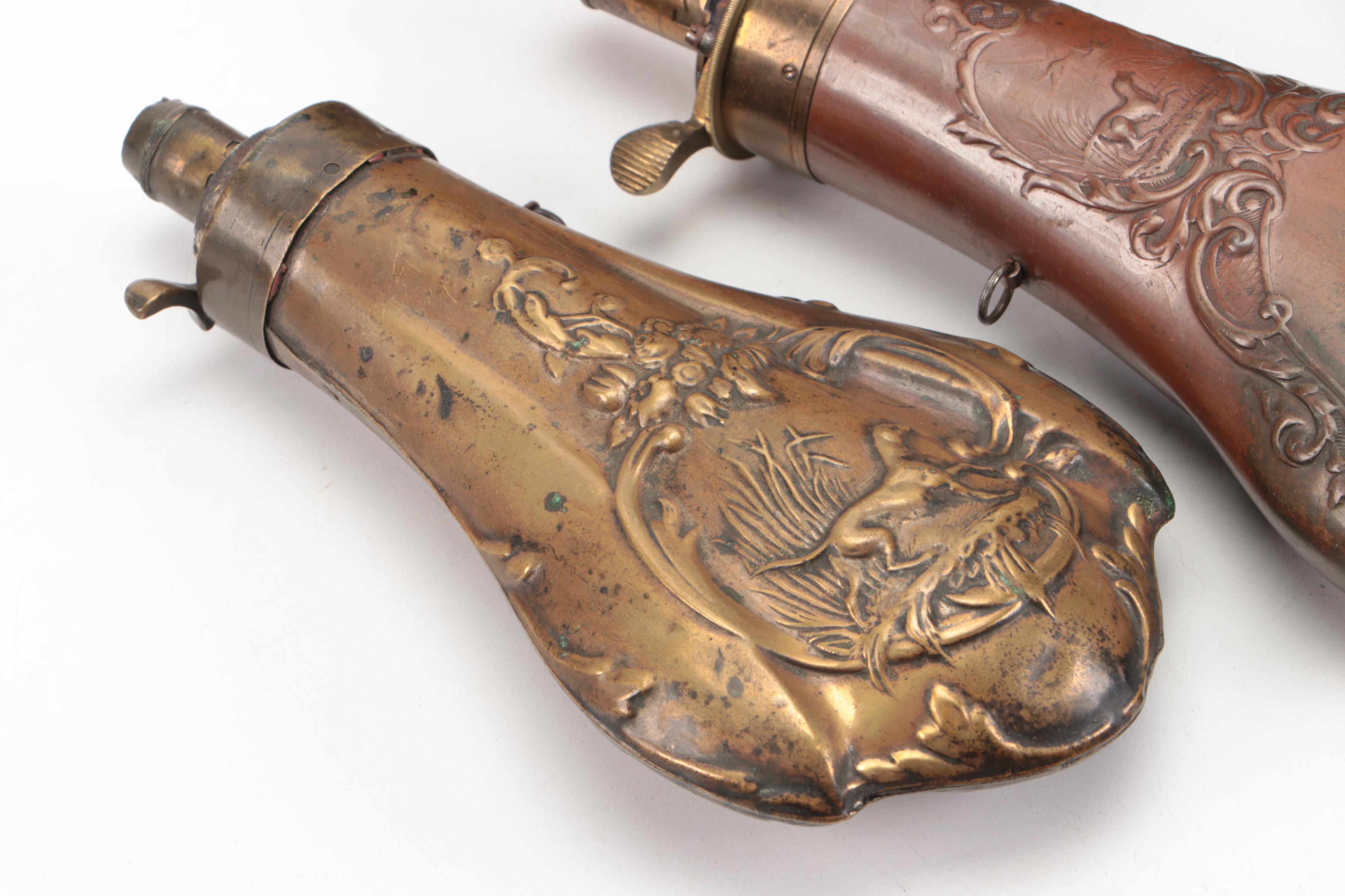 Copper and Bronze Bas Relief Powder Flasks with Shot Measures, More