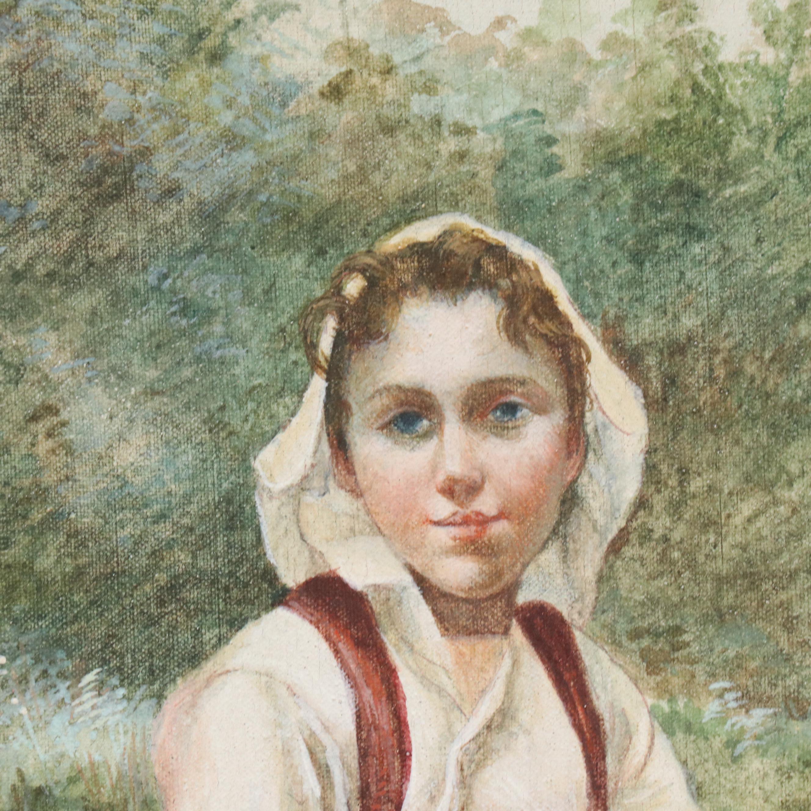 L. Gallois Watercolor on Canvas of Shepherdess, 1891