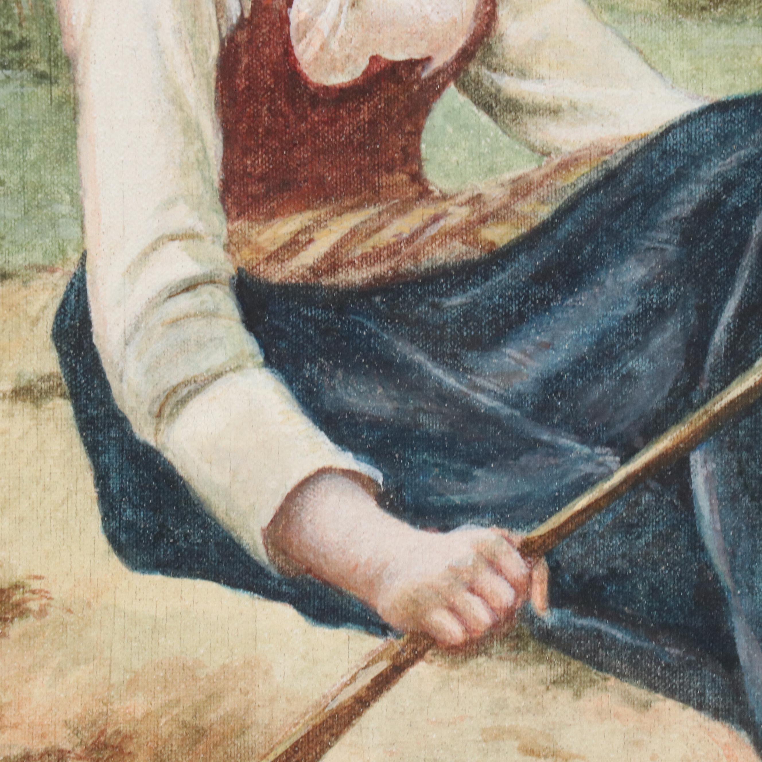L. Gallois Watercolor on Canvas of Shepherdess, 1891