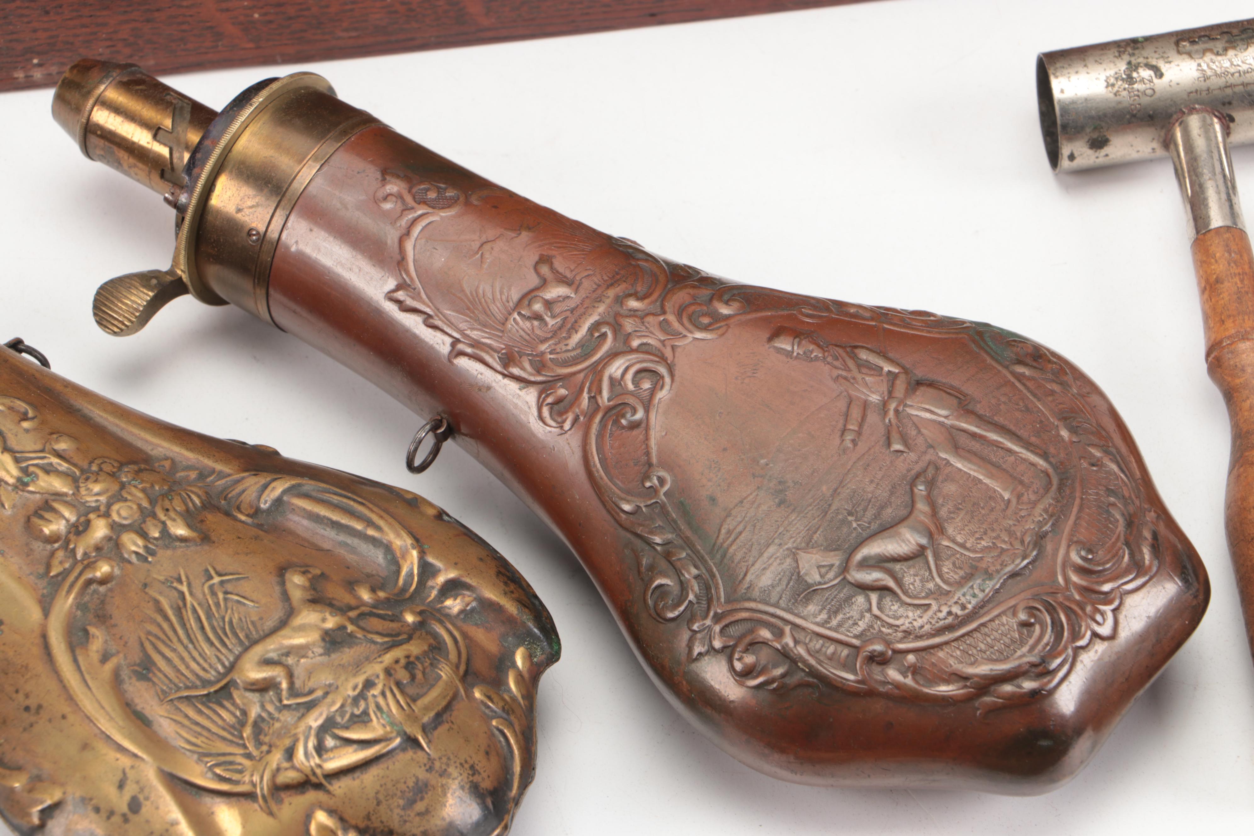 Copper and Bronze Bas Relief Powder Flasks with Shot Measures, More