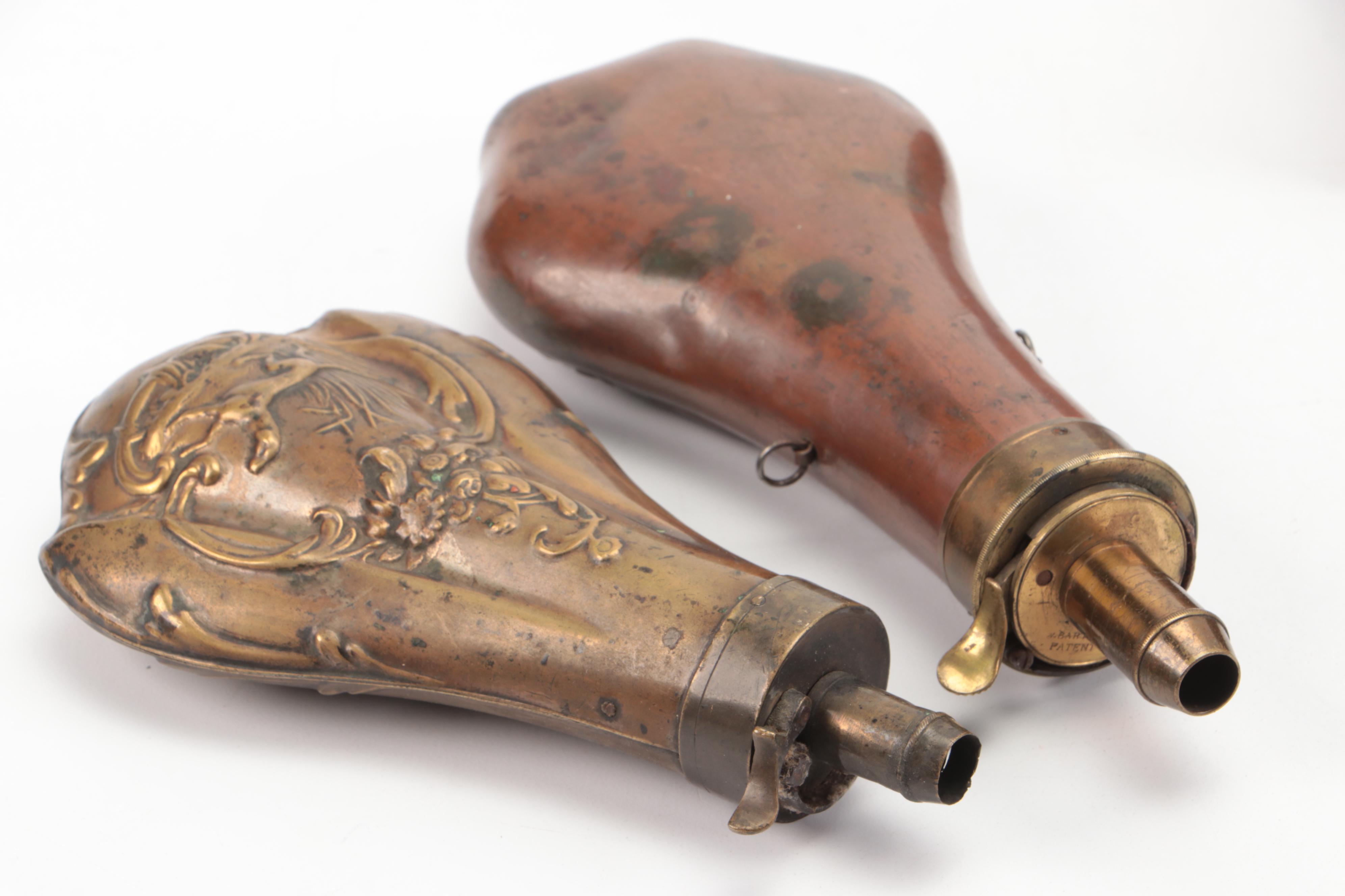 Copper and Bronze Bas Relief Powder Flasks with Shot Measures, More