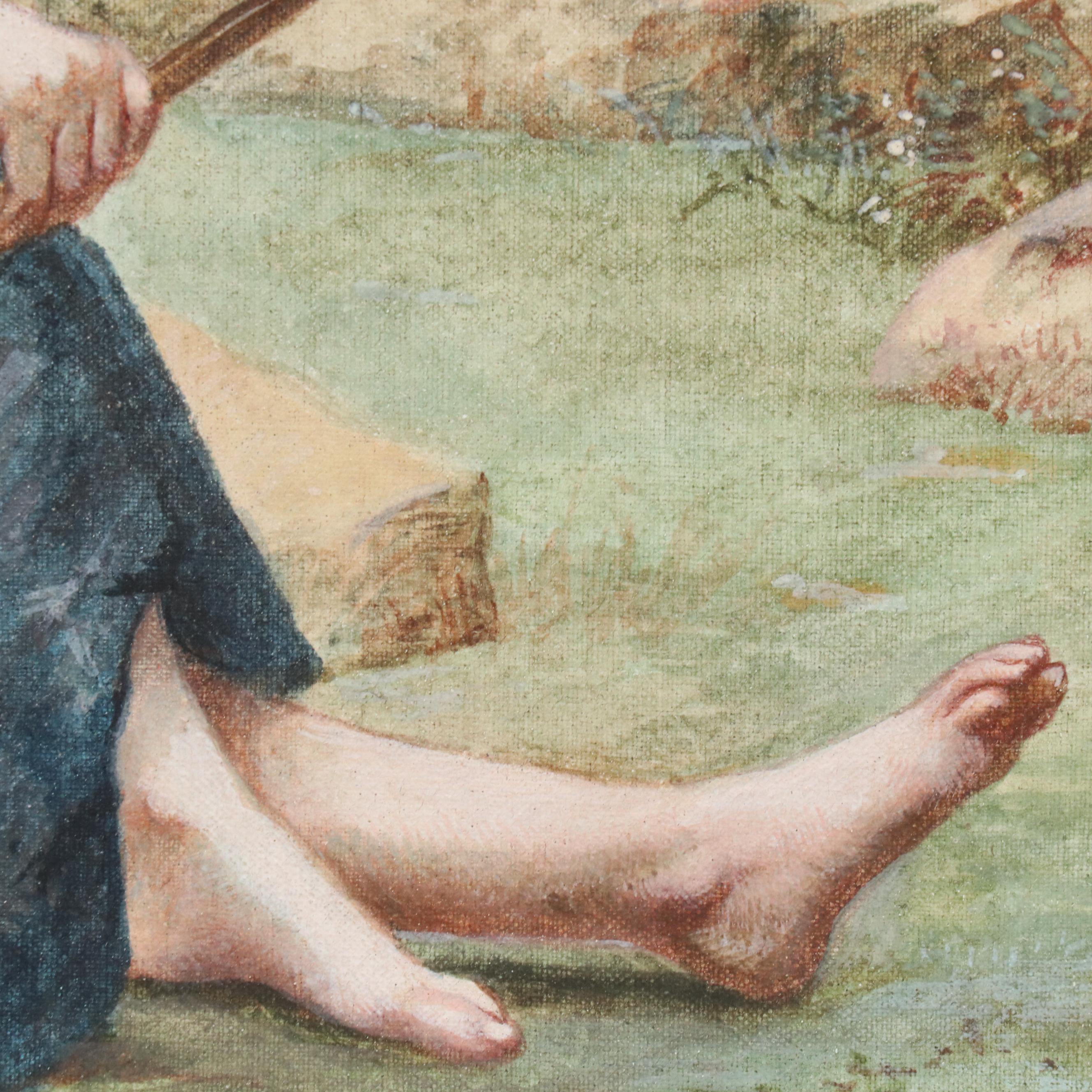 L. Gallois Watercolor on Canvas of Shepherdess, 1891