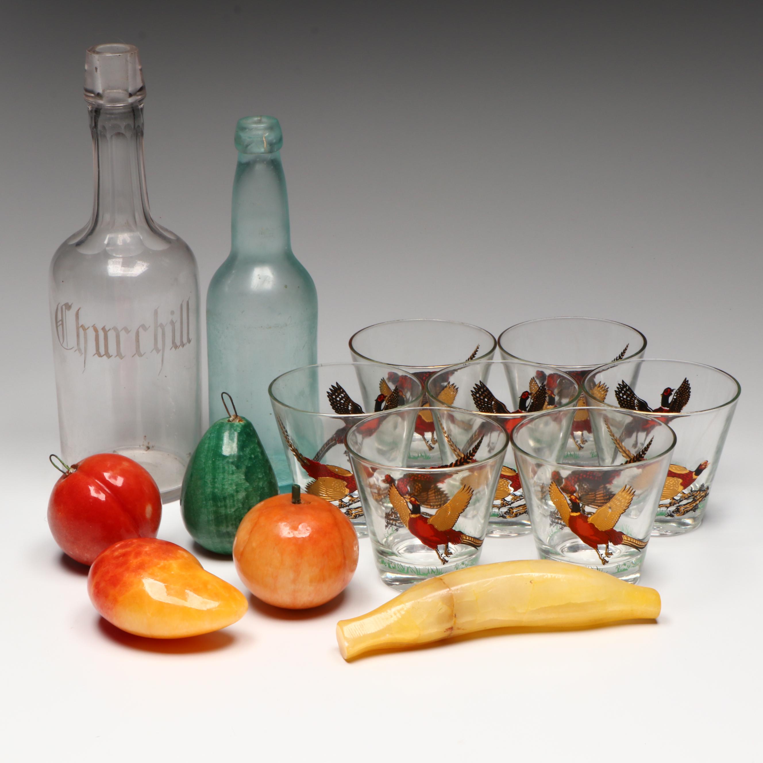 Victorian Etchted Flint Glass Bell Shaped Decanter with Other Barware and Decor