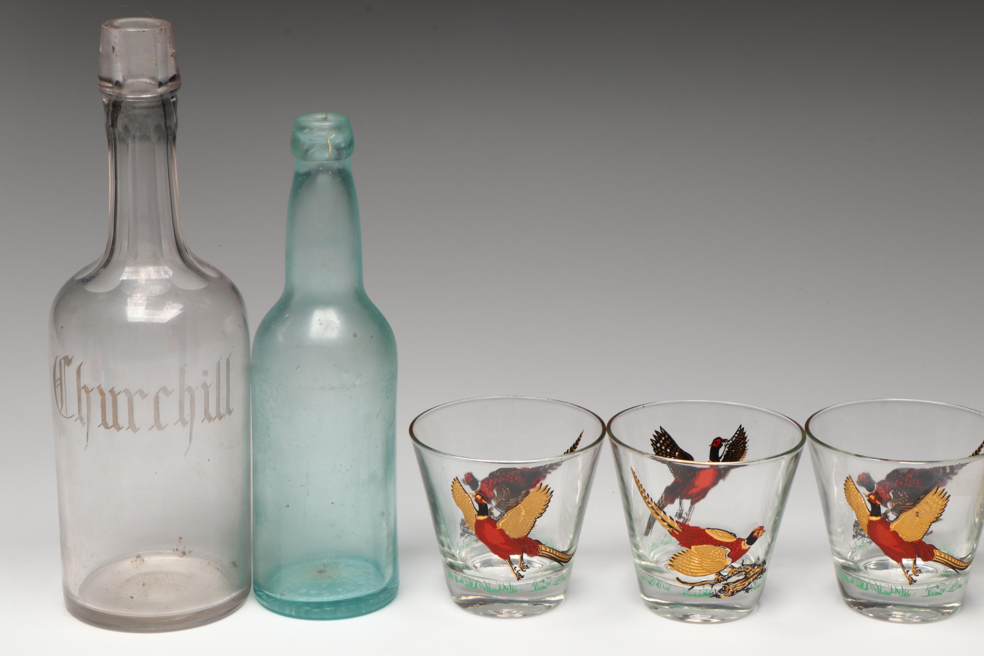 Victorian Etchted Flint Glass Bell Shaped Decanter with Other Barware and Decor