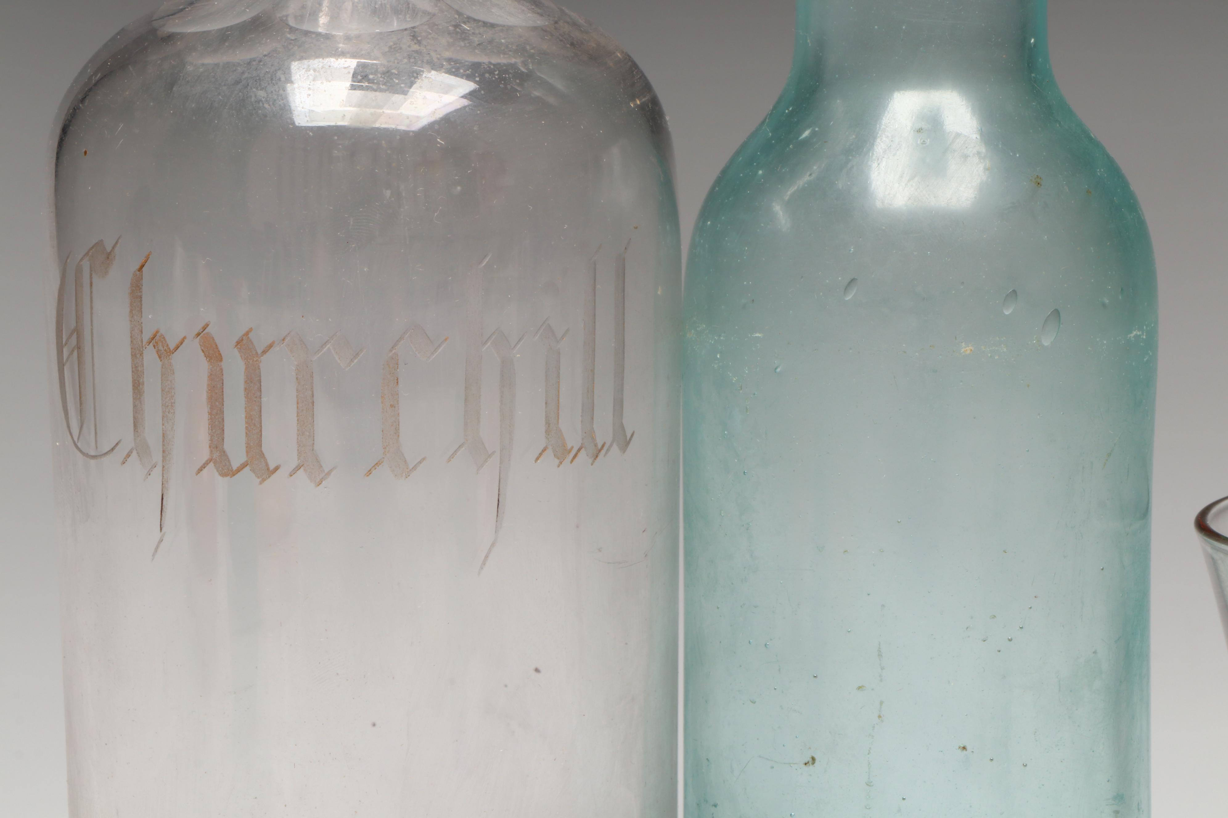 Victorian Etchted Flint Glass Bell Shaped Decanter with Other Barware and Decor