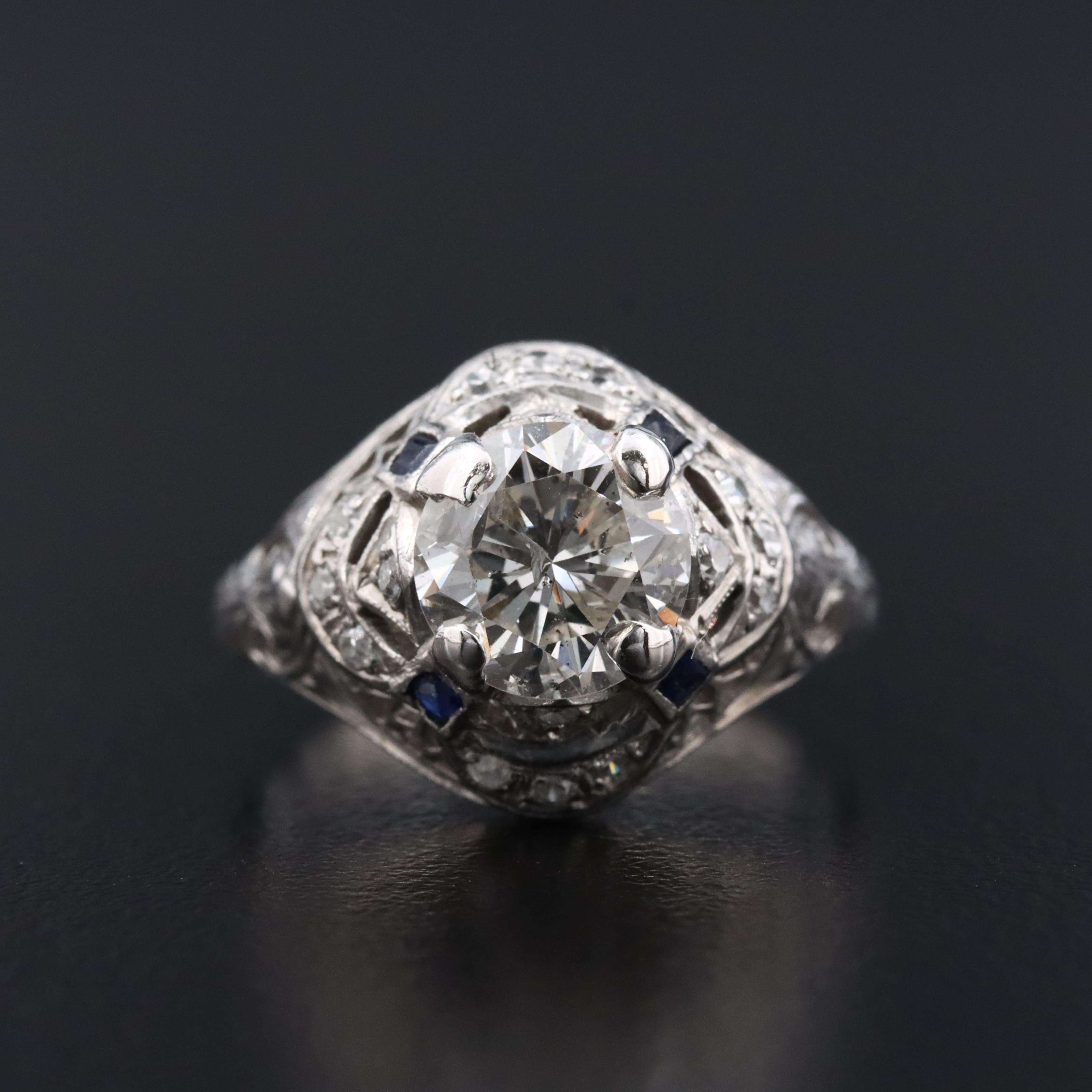 Vintage Platinum 1.56 CTW Diamond and Sapphire Ring