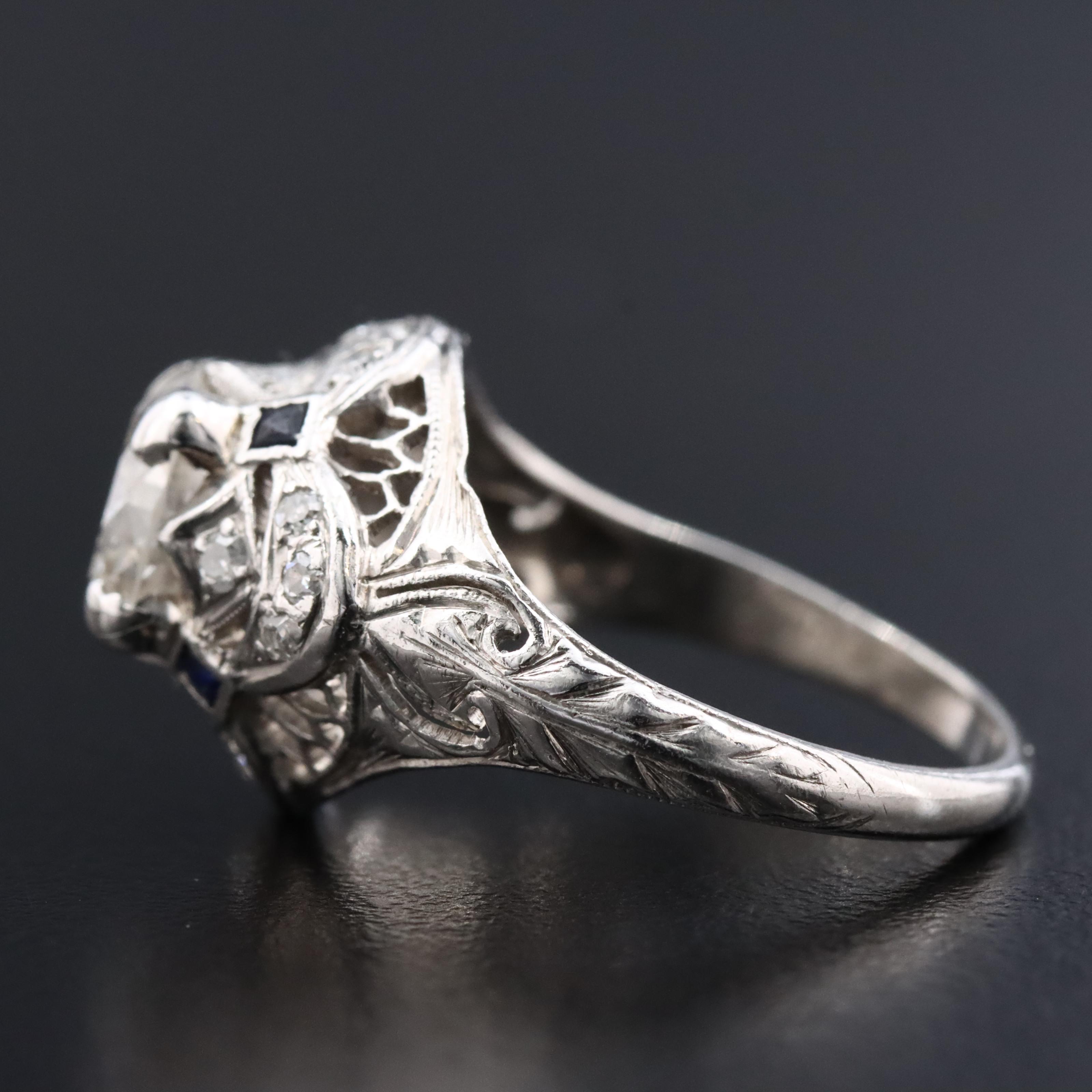 Vintage Platinum 1.56 CTW Diamond and Sapphire Ring