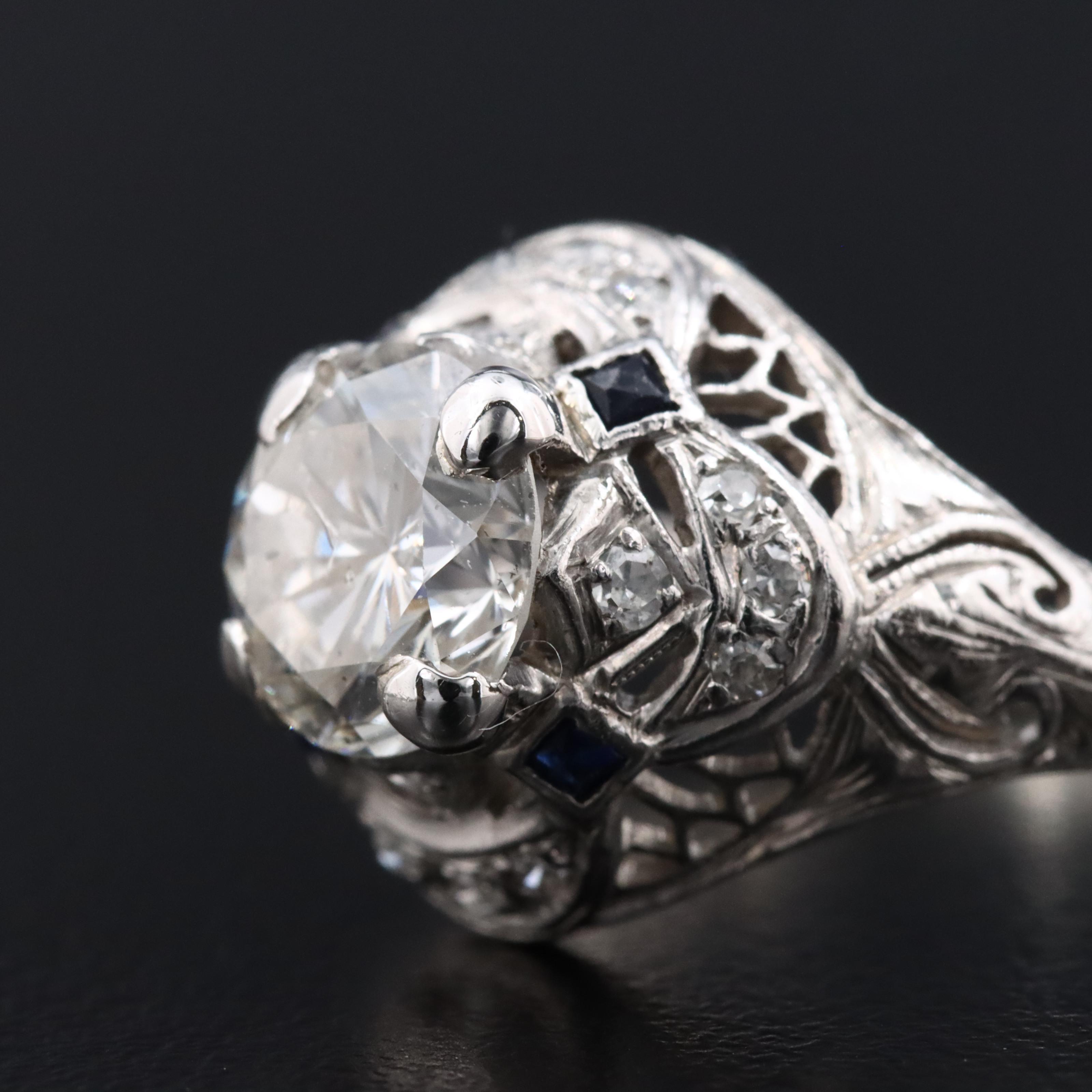 Vintage Platinum 1.56 CTW Diamond and Sapphire Ring