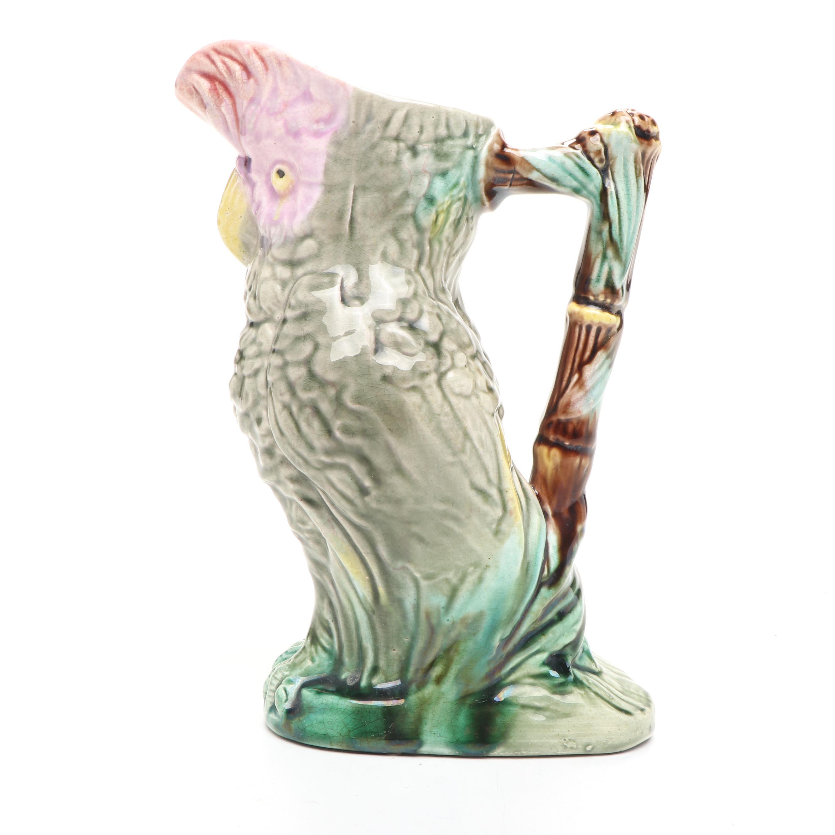 English Majolica Cockatoo Pitcher, Late 19th/ Early 20th Century