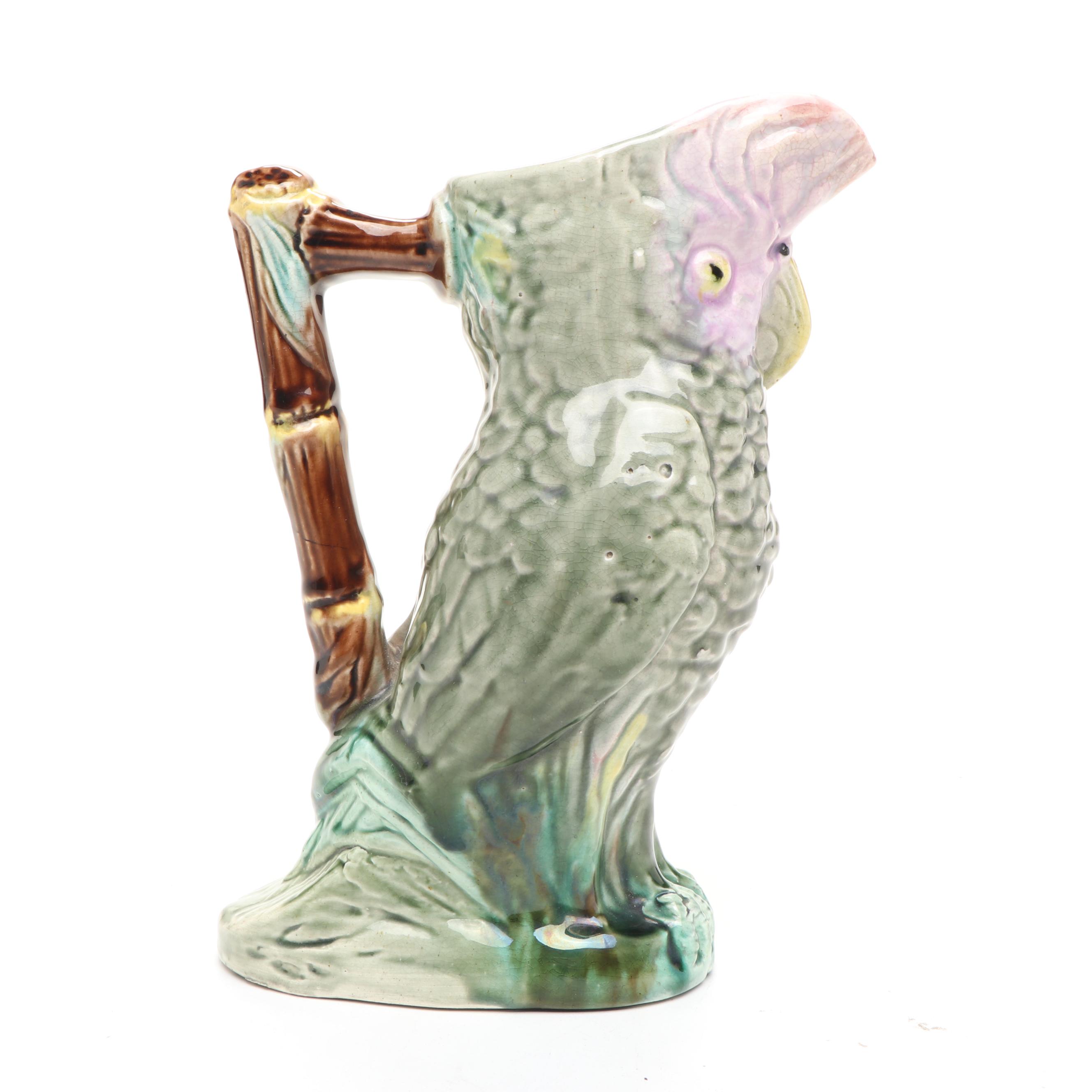 English Majolica Cockatoo Pitcher, Late 19th/ Early 20th Century