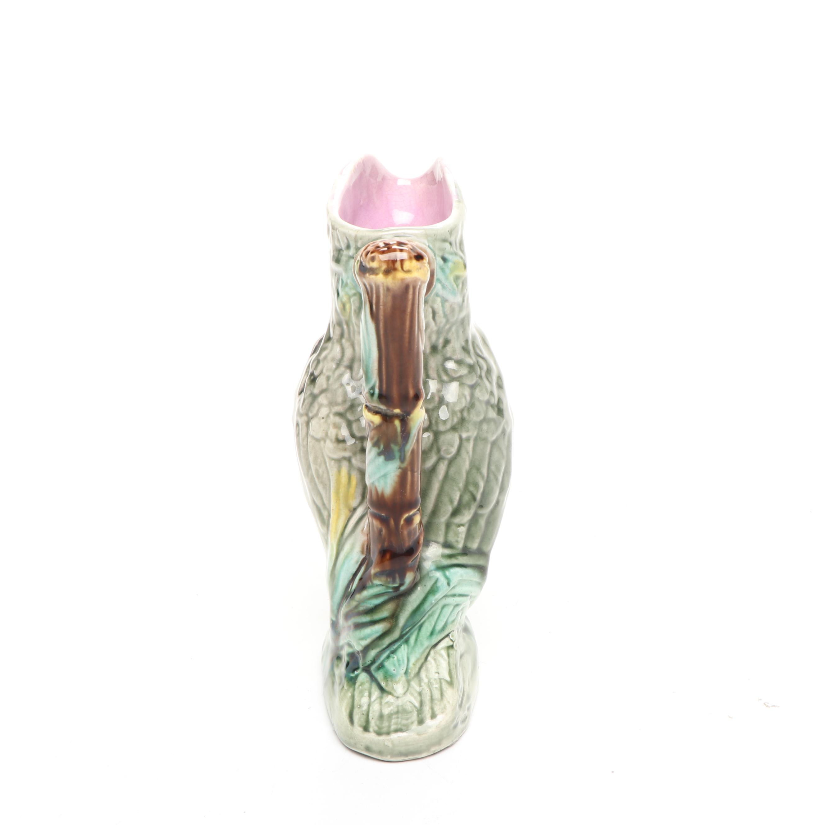 English Majolica Cockatoo Pitcher, Late 19th/ Early 20th Century