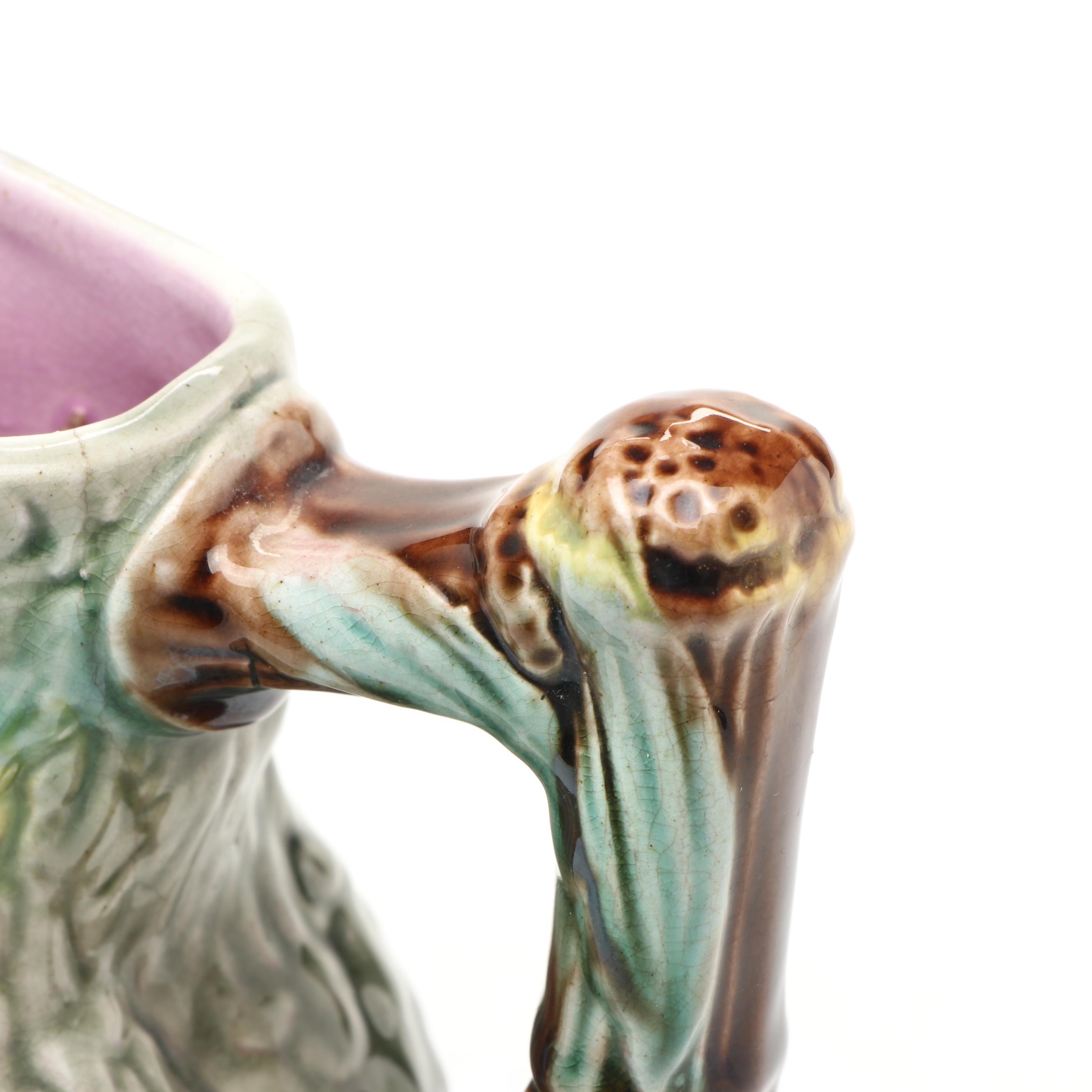 English Majolica Cockatoo Pitcher, Late 19th/ Early 20th Century