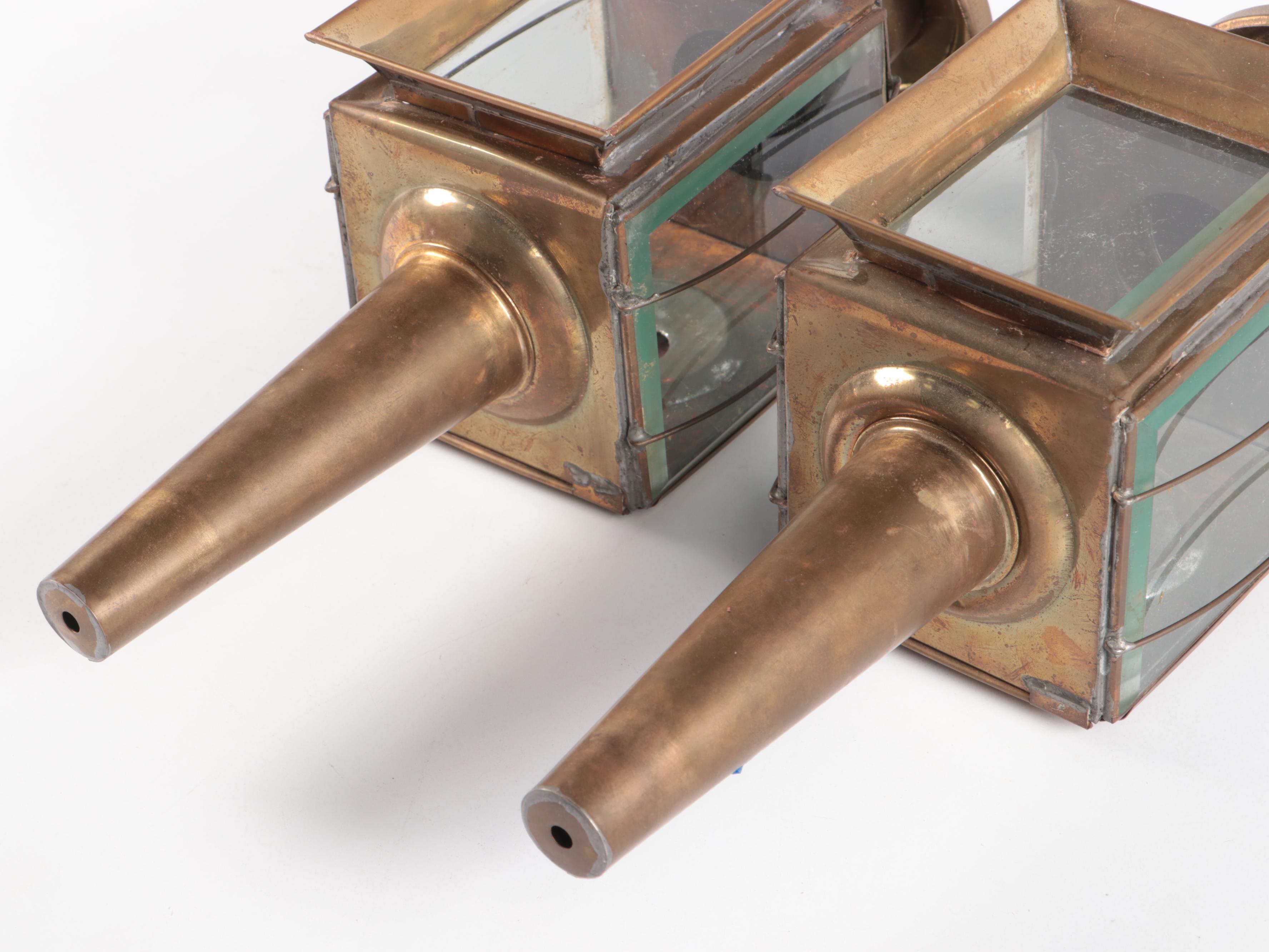 Pair of Victorian Style Brass Oil Carriage Lamps, 20th Century