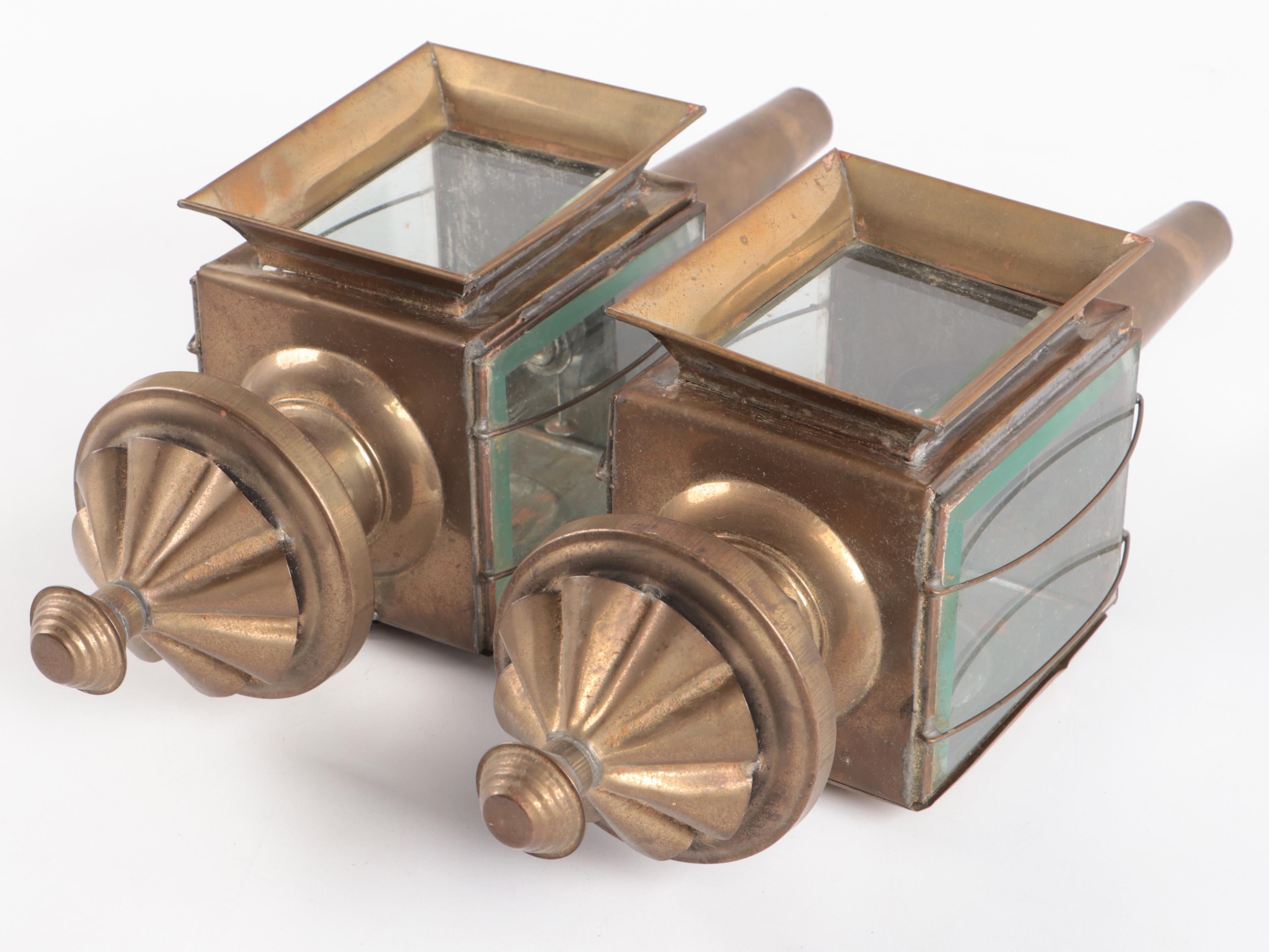 Pair of Victorian Style Brass Oil Carriage Lamps, 20th Century