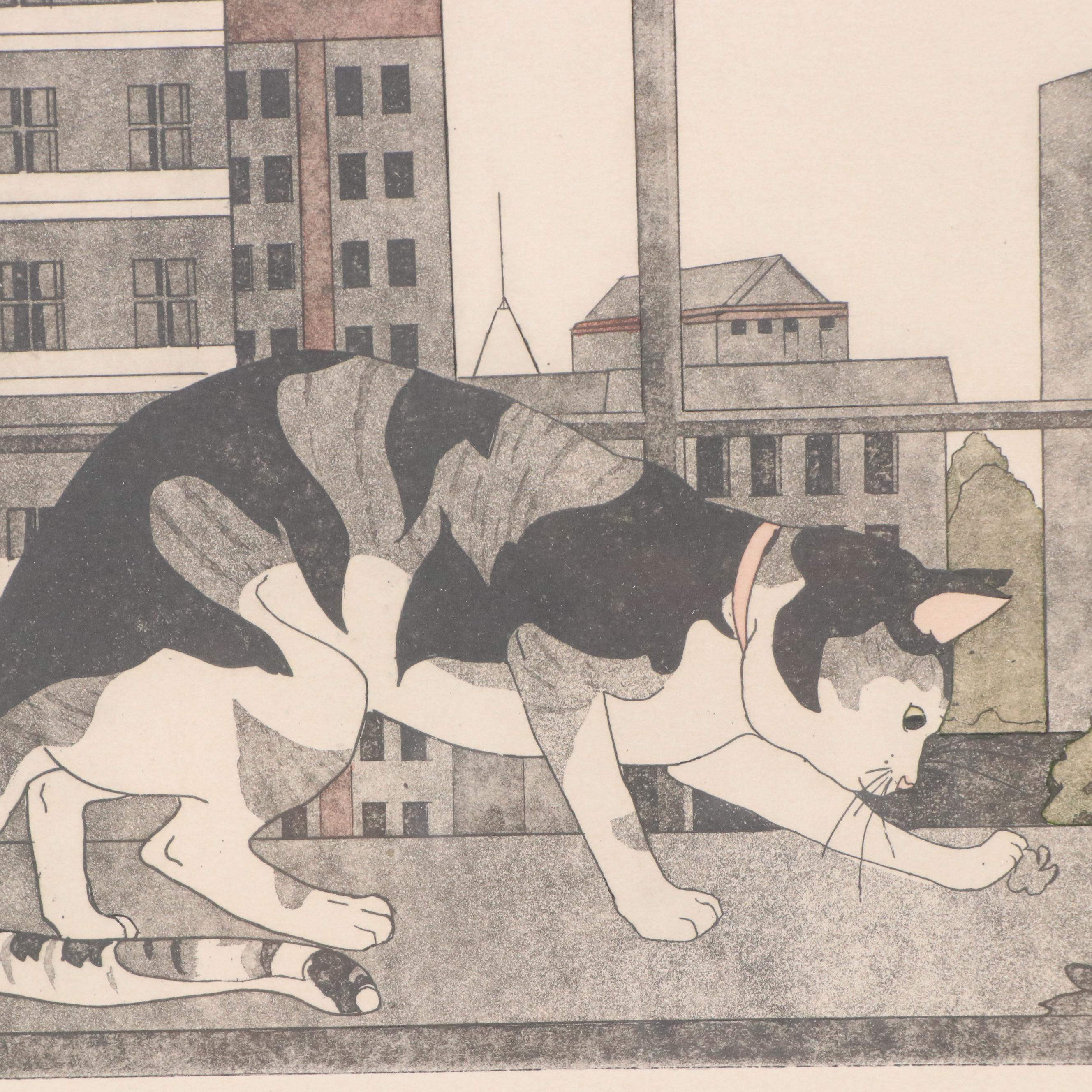 Etchings with Aquatint À la Poupée "City Cat" and "City Cat I," Late 20th C.