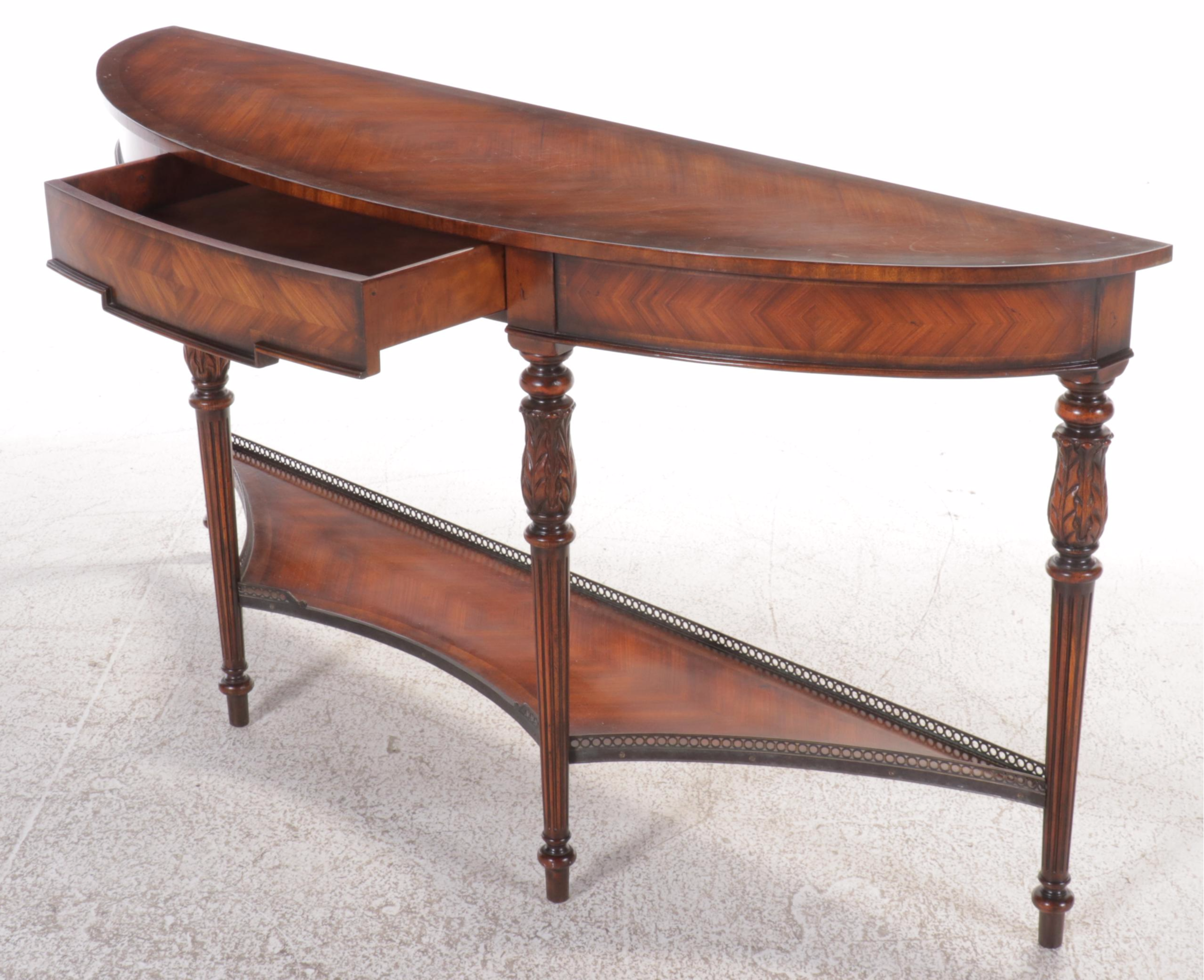 George III Style Mahogany Demilune Console Table with Drawer & Brass Gallery