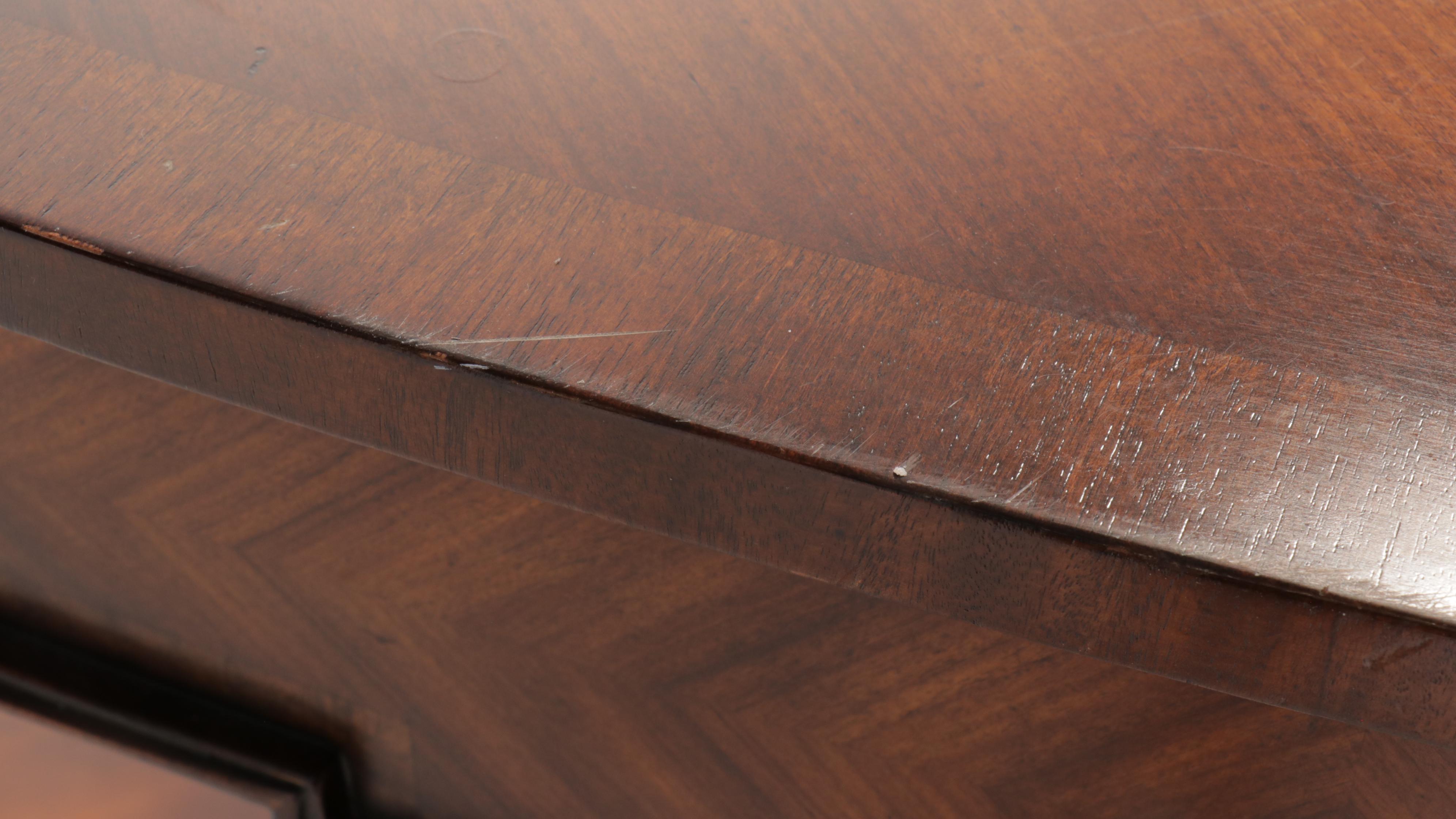 George III Style Mahogany Demilune Console Table with Drawer & Brass Gallery