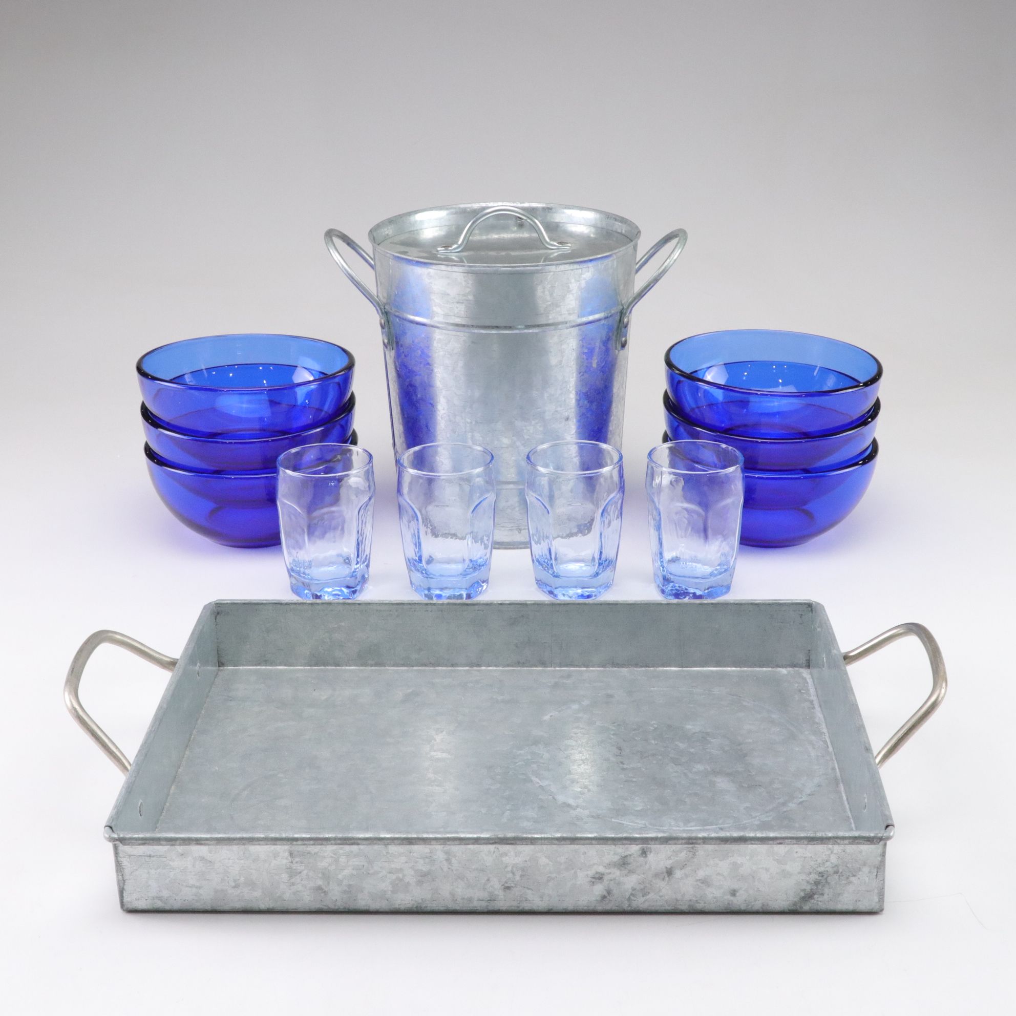 Four Libbey "Chivalry" Glasses with Ice Bucket, Serving Tray, and Blue Bowls