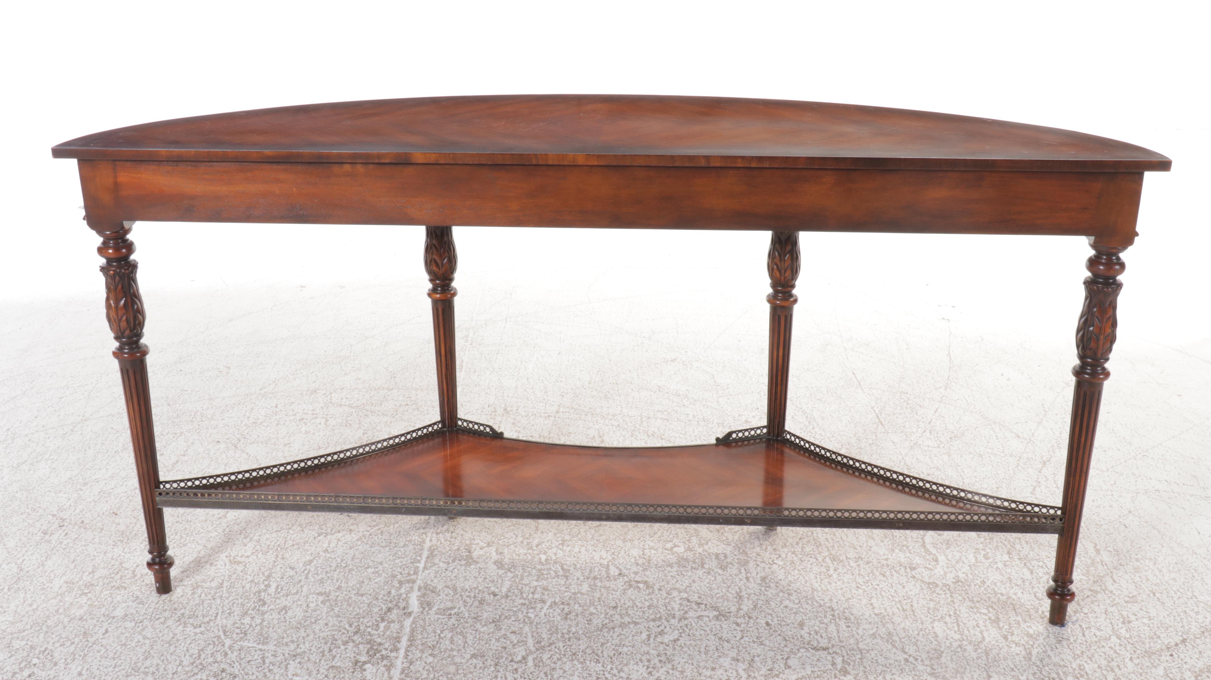 George III Style Mahogany Demilune Console Table with Drawer & Brass Gallery