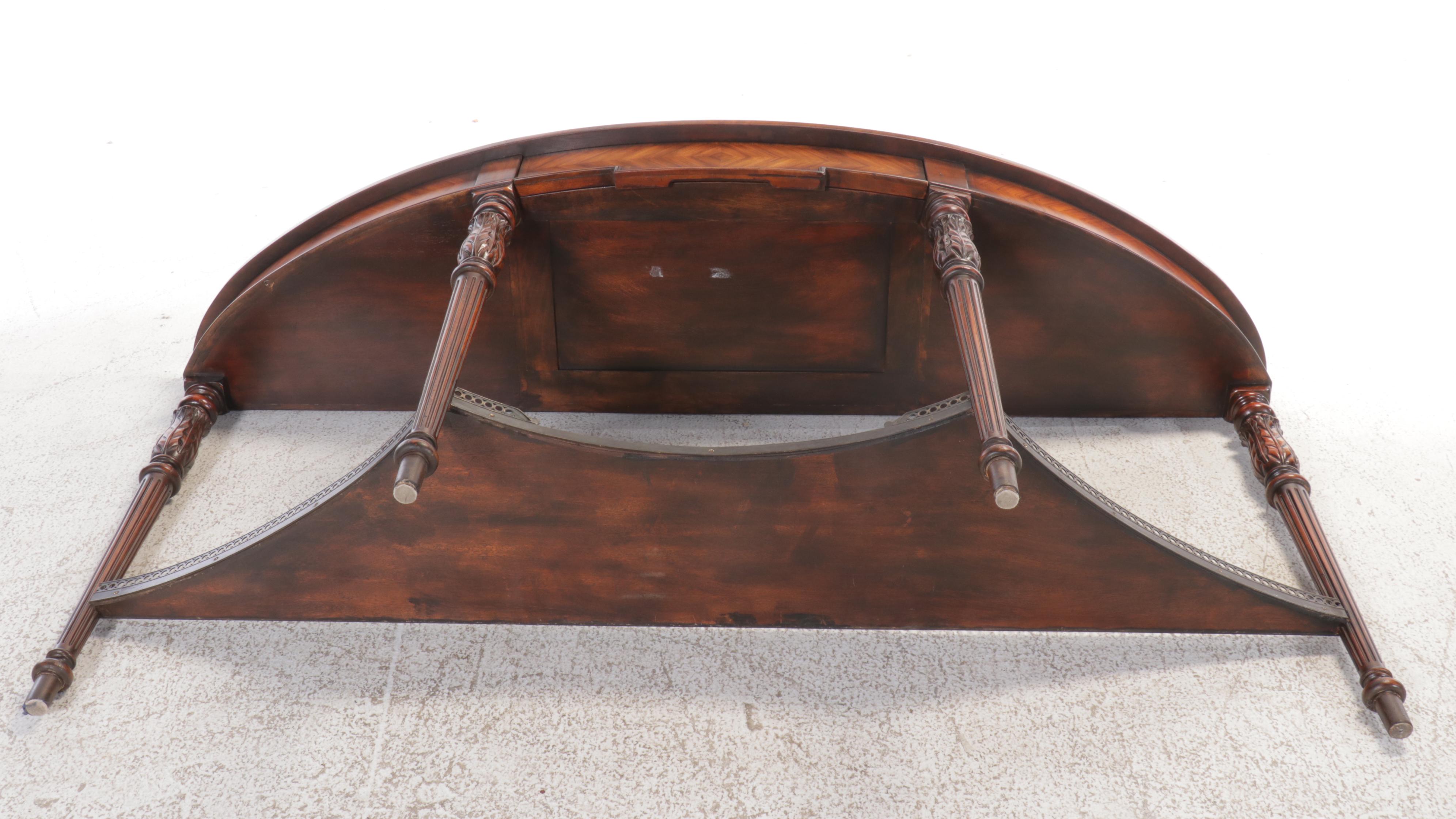 George III Style Mahogany Demilune Console Table with Drawer & Brass Gallery