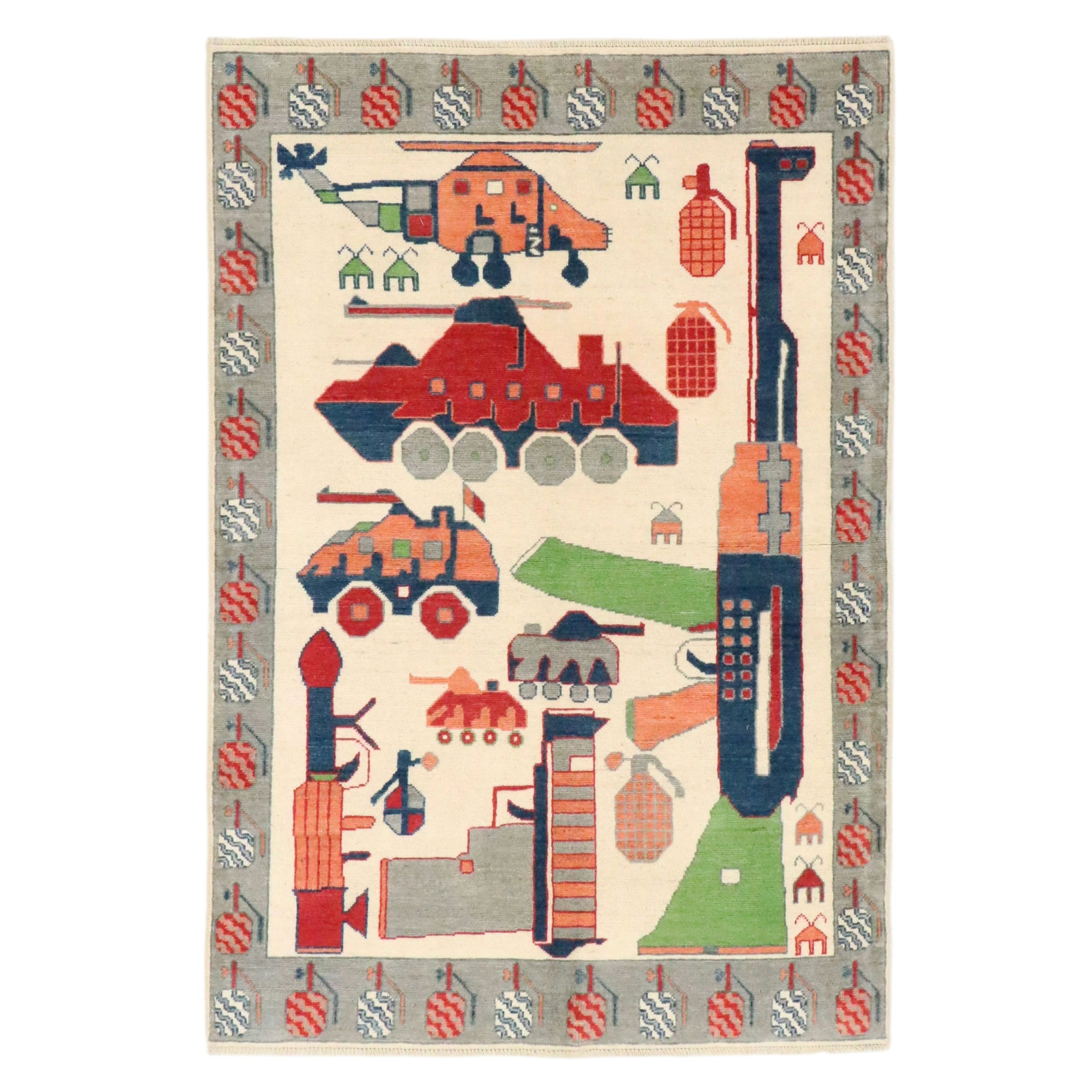 4' x 5'10 Hand-Knotted Pakistani Pictorial War Area Rug