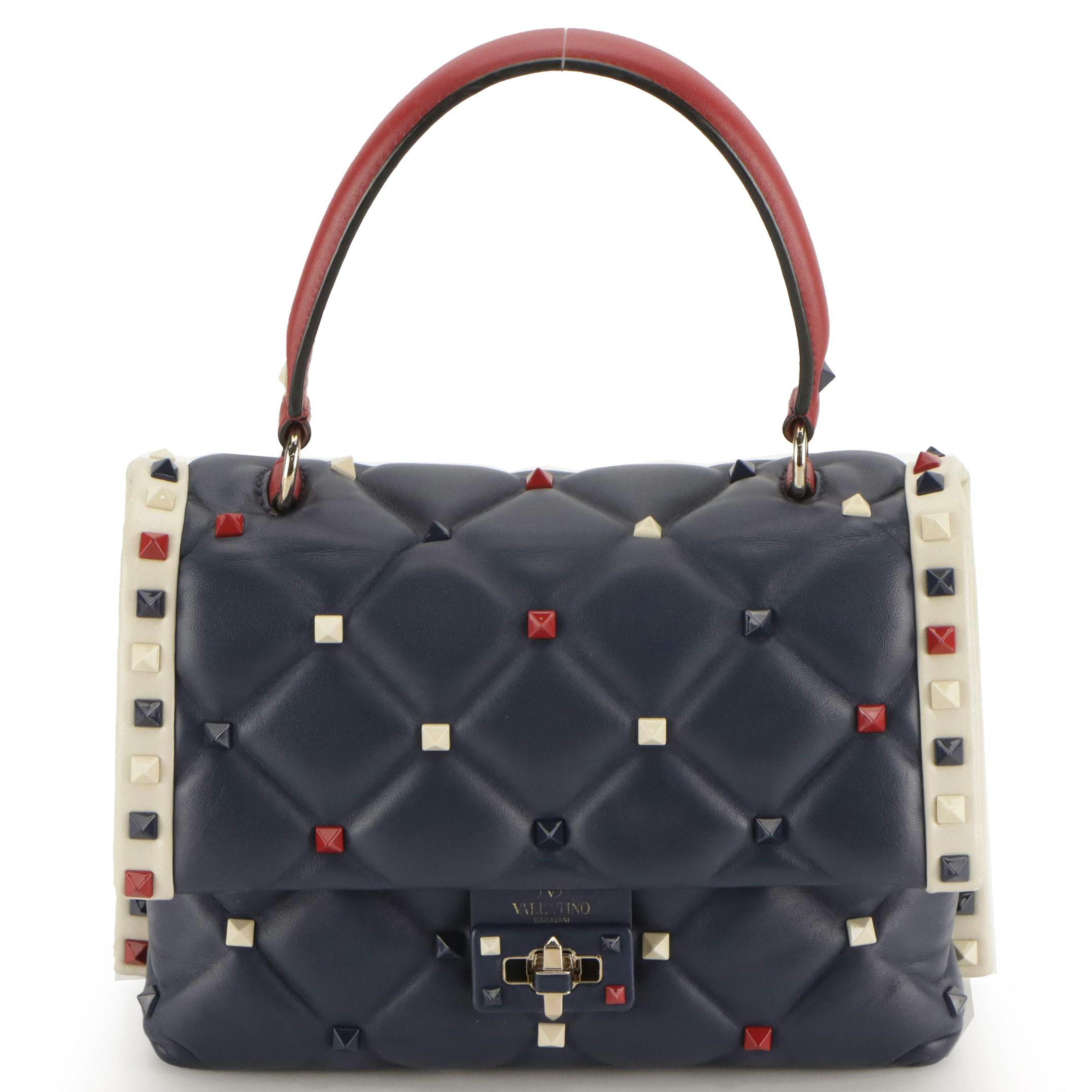 Valentino Medium Top Handle Candystud Two-Way Bag in Navy Blue Quilted Lambskin