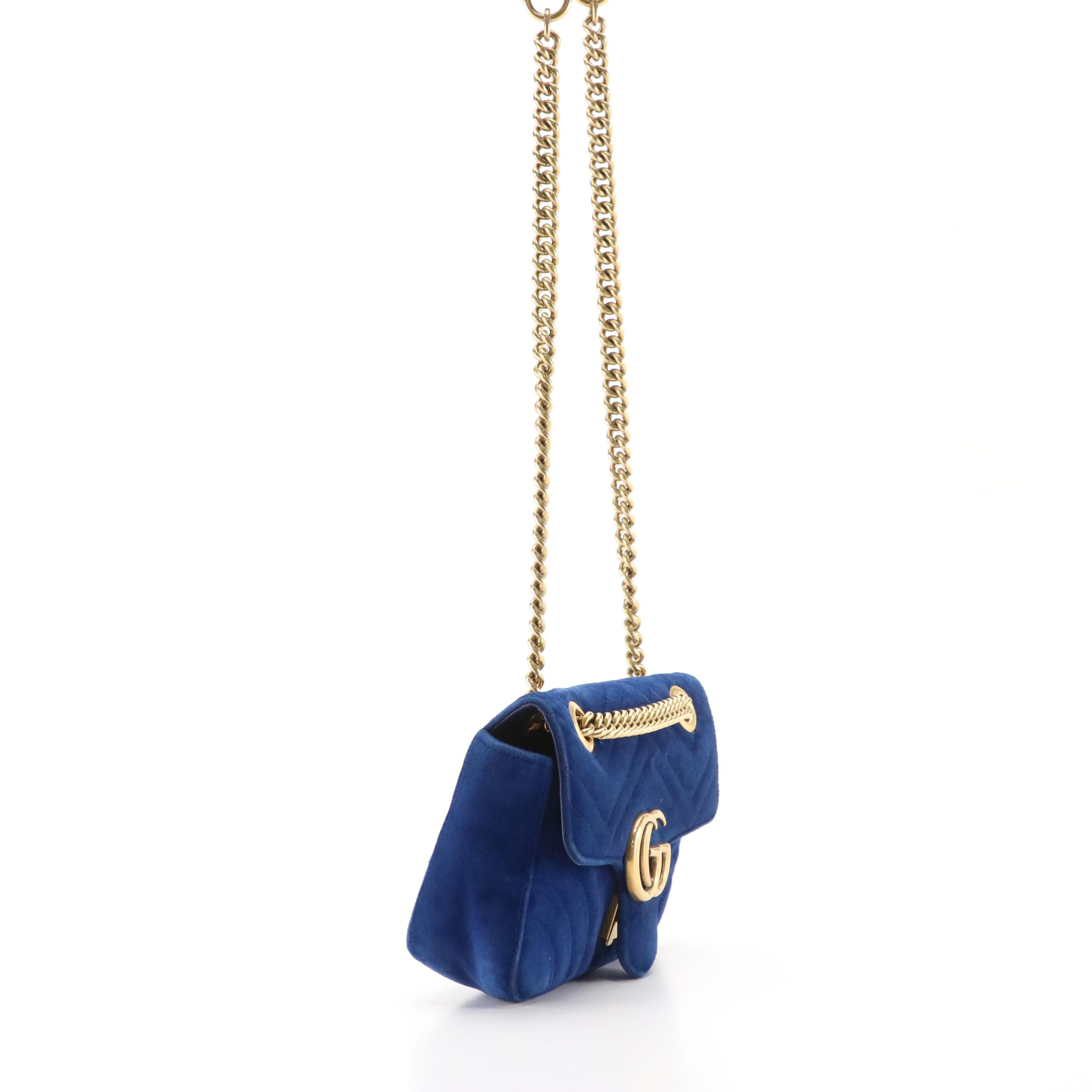 Gucci Blue Matelassé Velvet Mini GG Marmot Shoulder Bag
