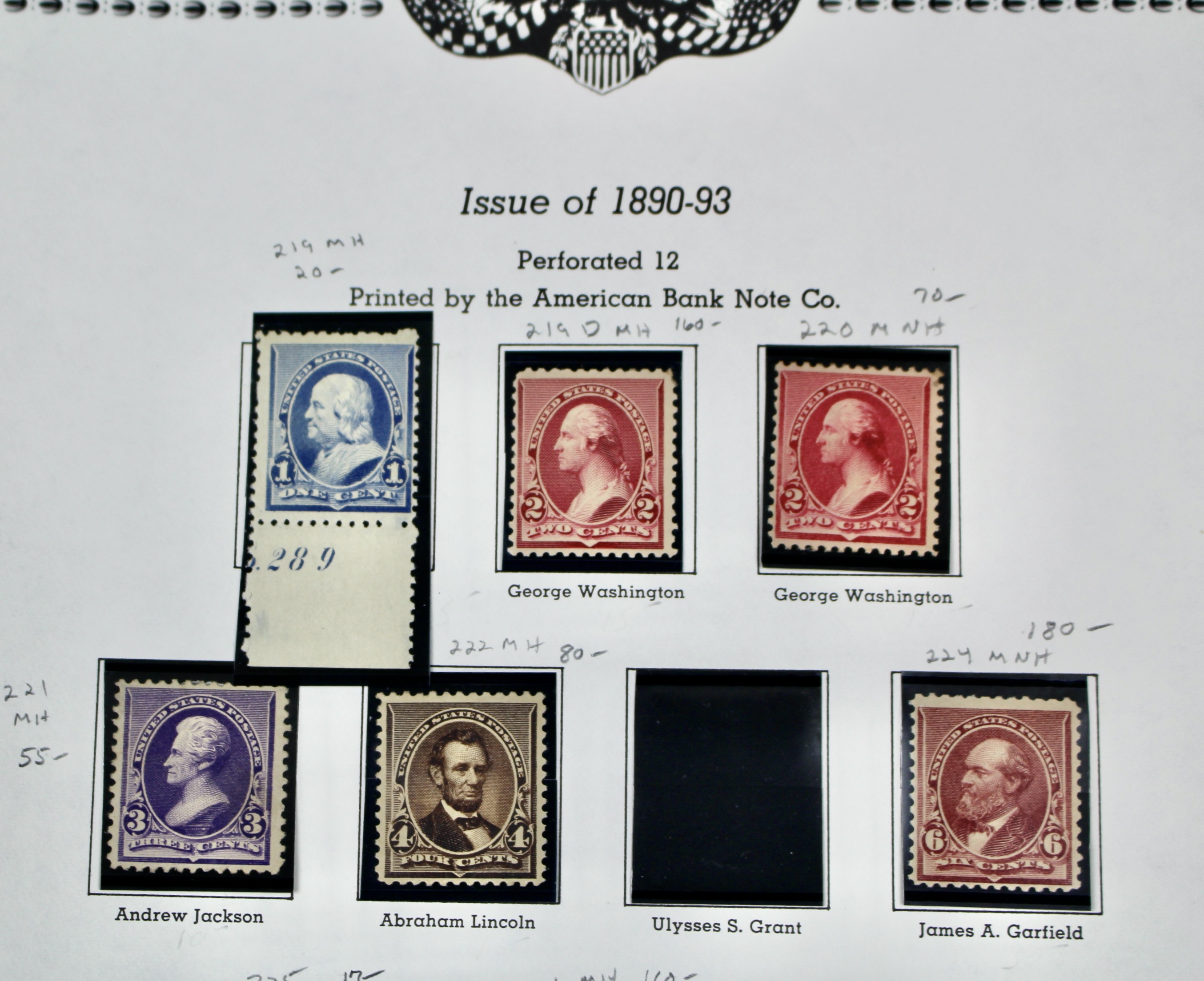 Ten Mint Condition U.S. Stamp Issues of 1890 to 1893, Scott 219 to 229