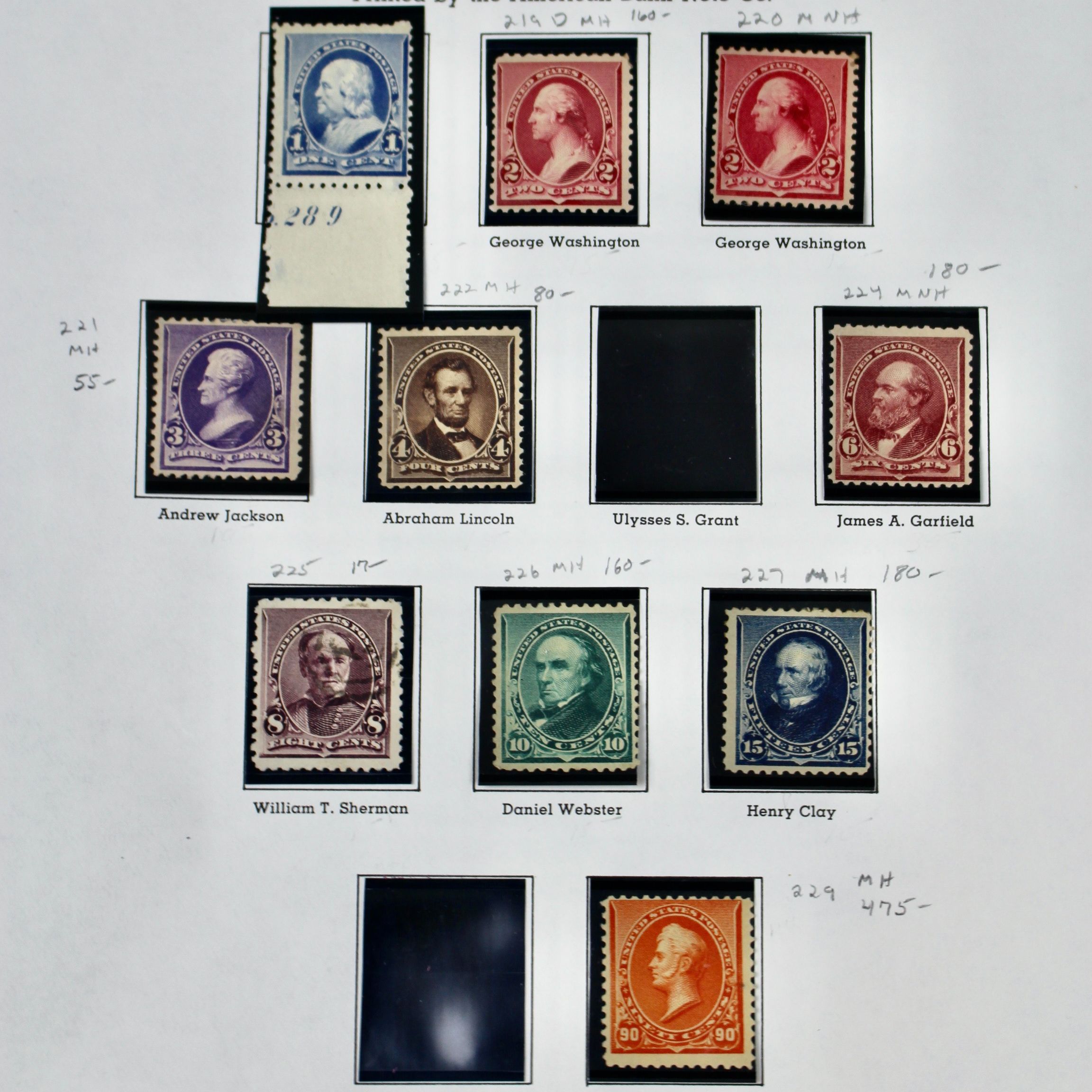 Ten Mint Condition U.S. Stamp Issues of 1890 to 1893, Scott 219 to 229
