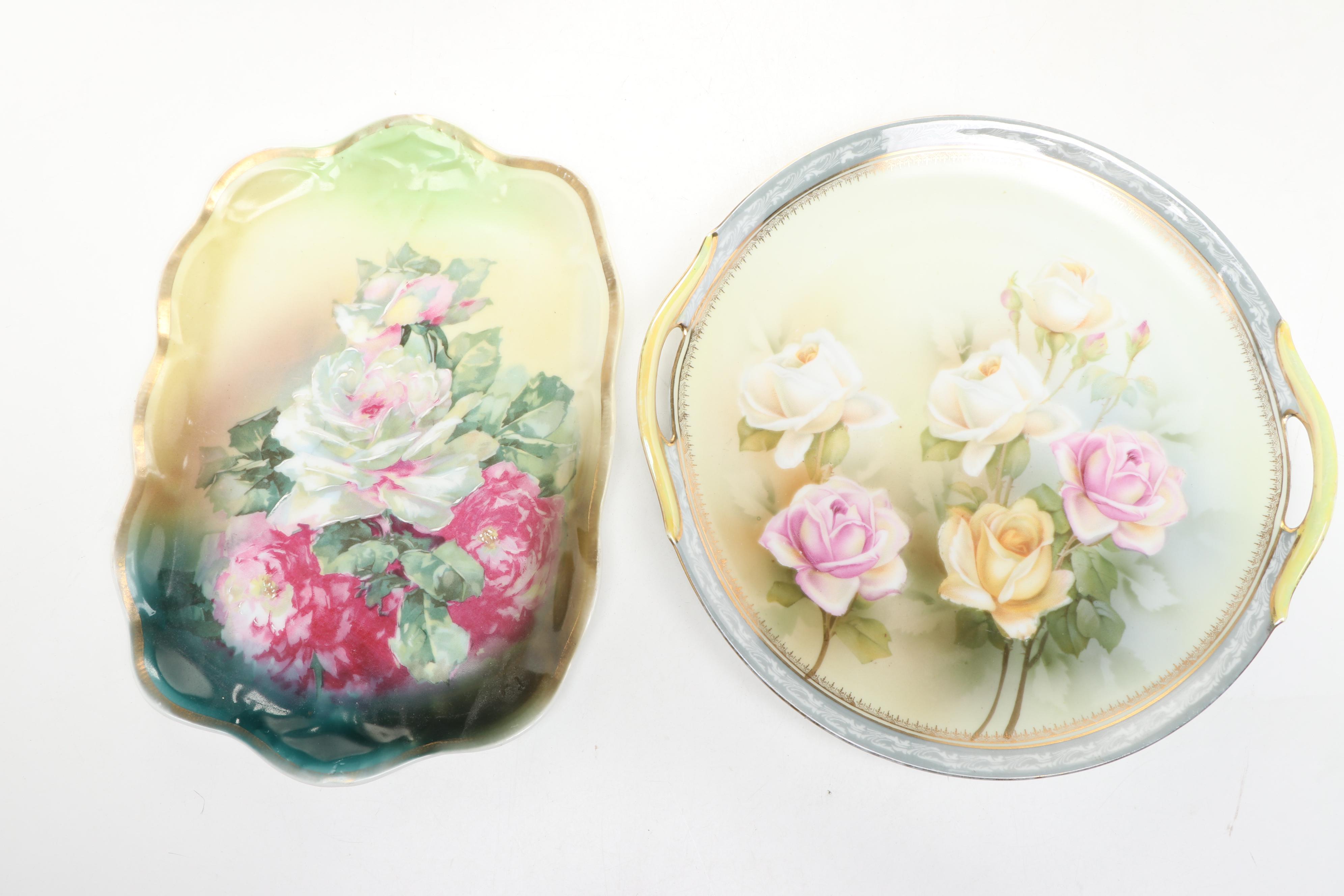 Art Nouveau Majolica Vase with Other Rose Pattern Porcelain Plates and Ewer