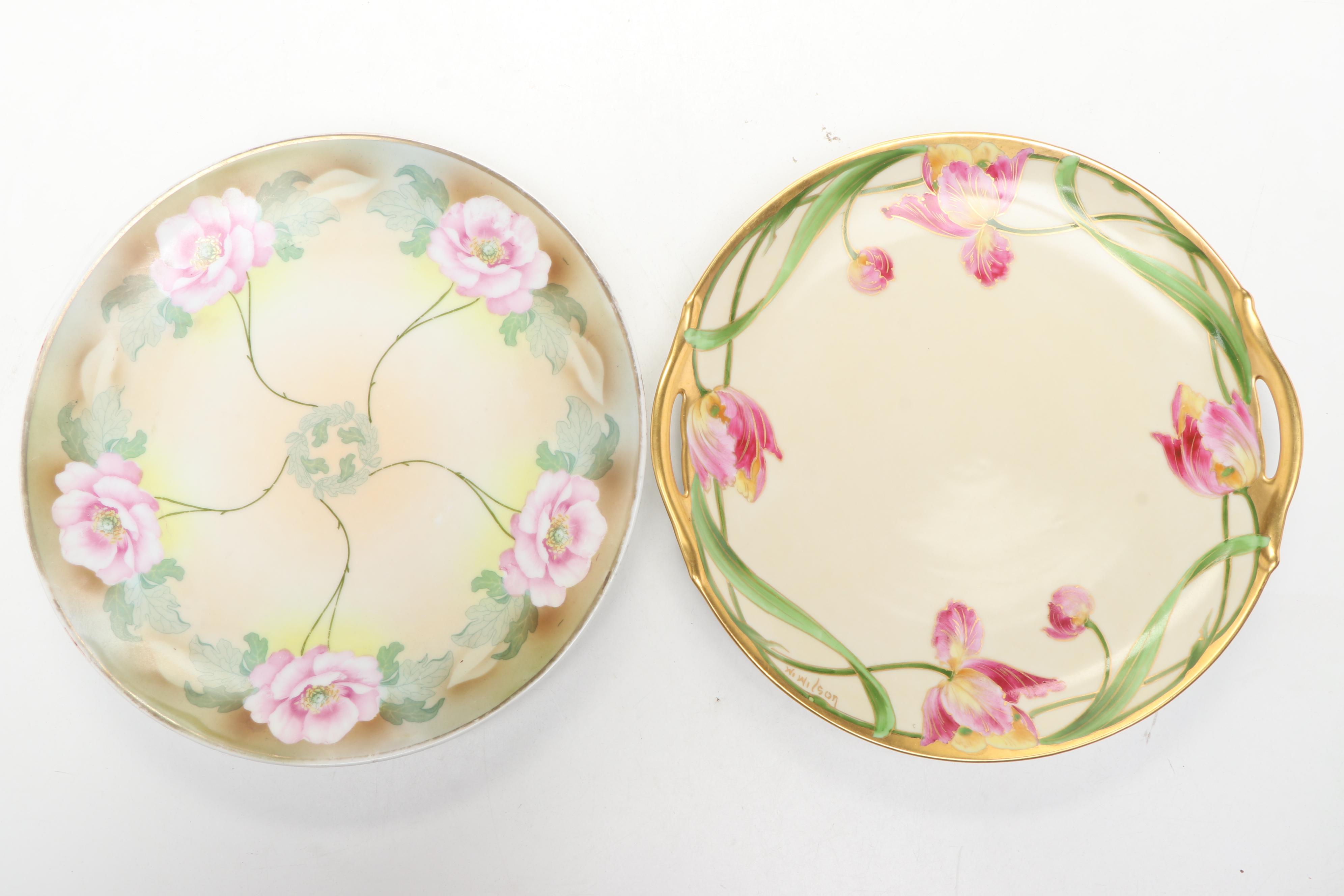 Art Nouveau Majolica Vase with Other Rose Pattern Porcelain Plates and Ewer