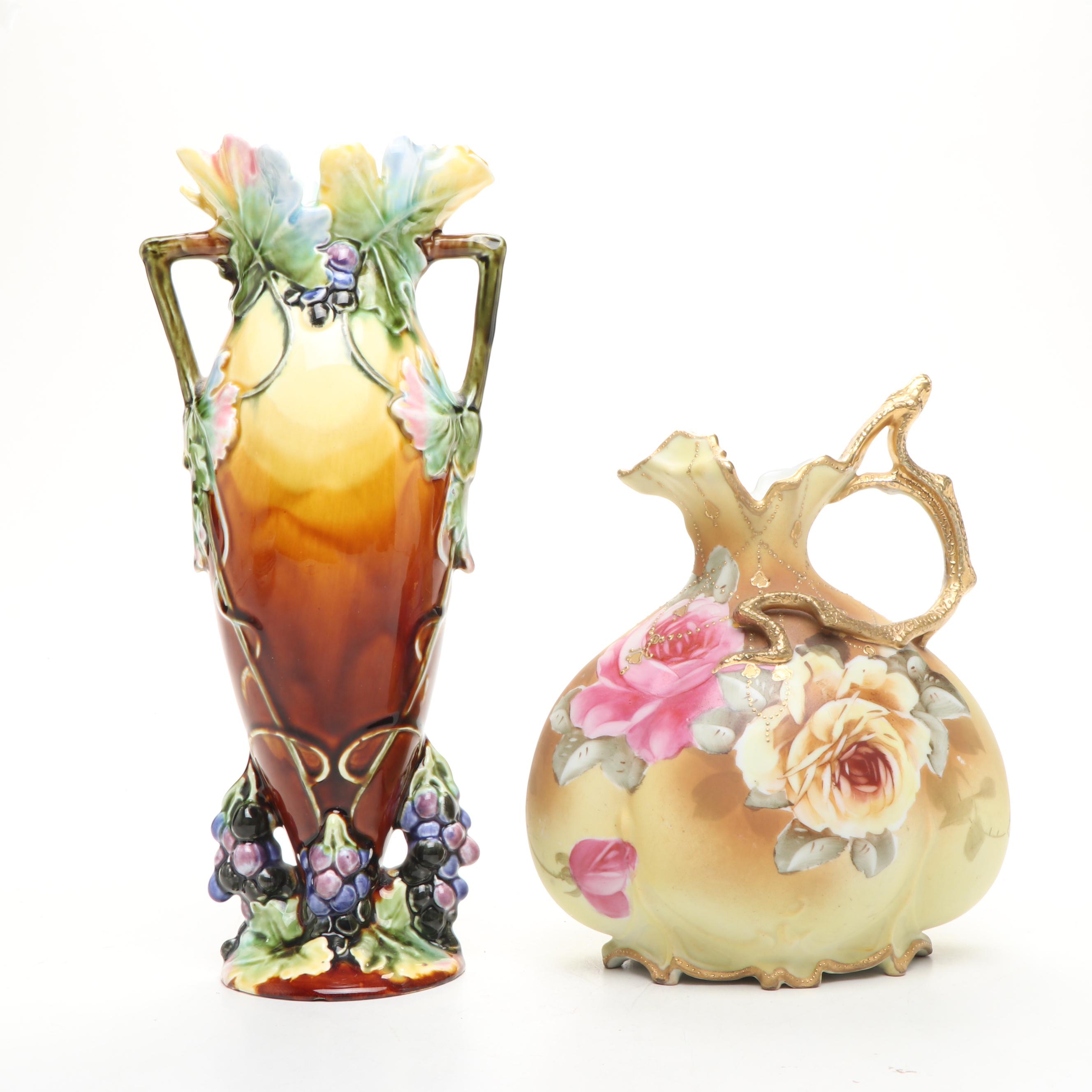Art Nouveau Majolica Vase with Other Rose Pattern Porcelain Plates and Ewer