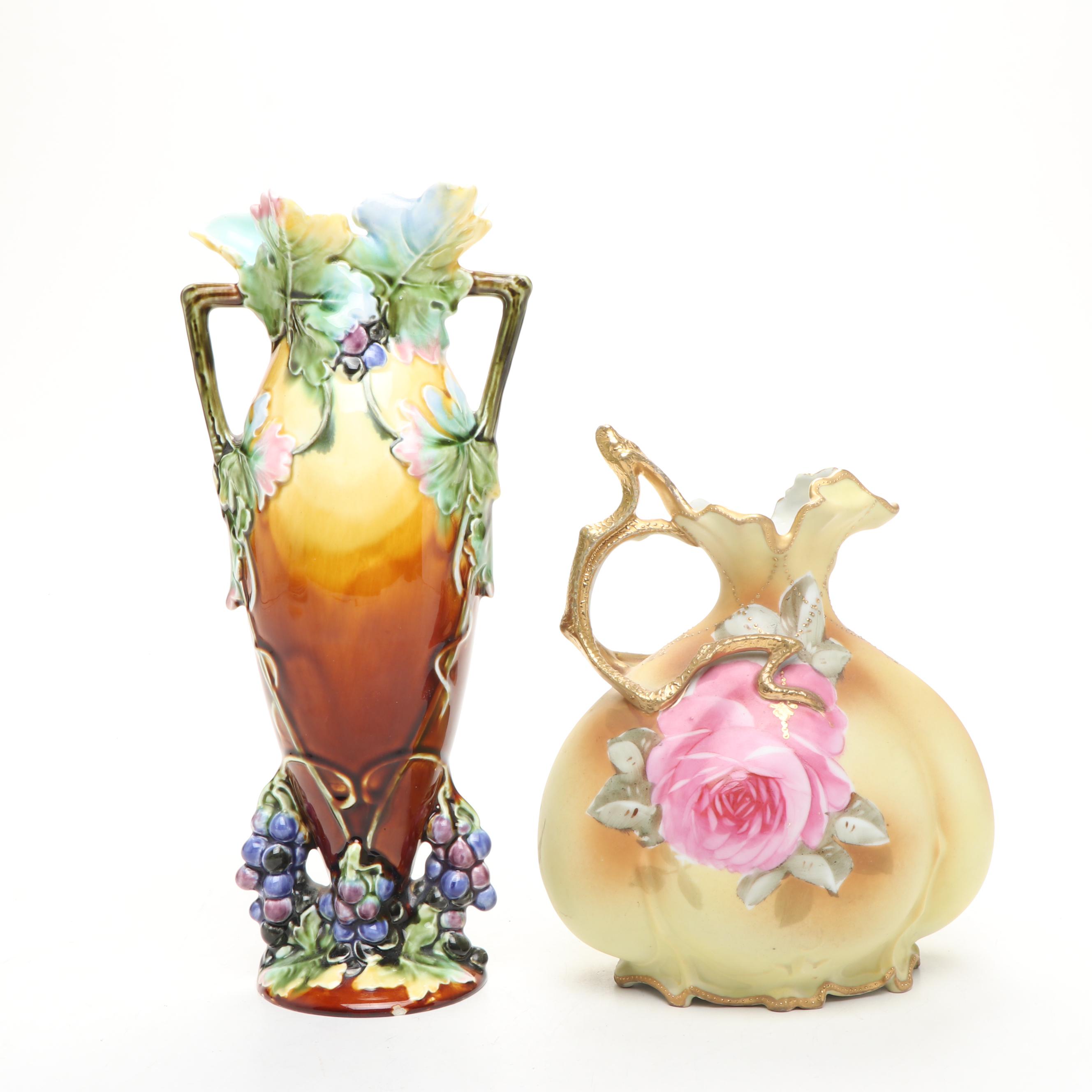 Art Nouveau Majolica Vase with Other Rose Pattern Porcelain Plates and Ewer