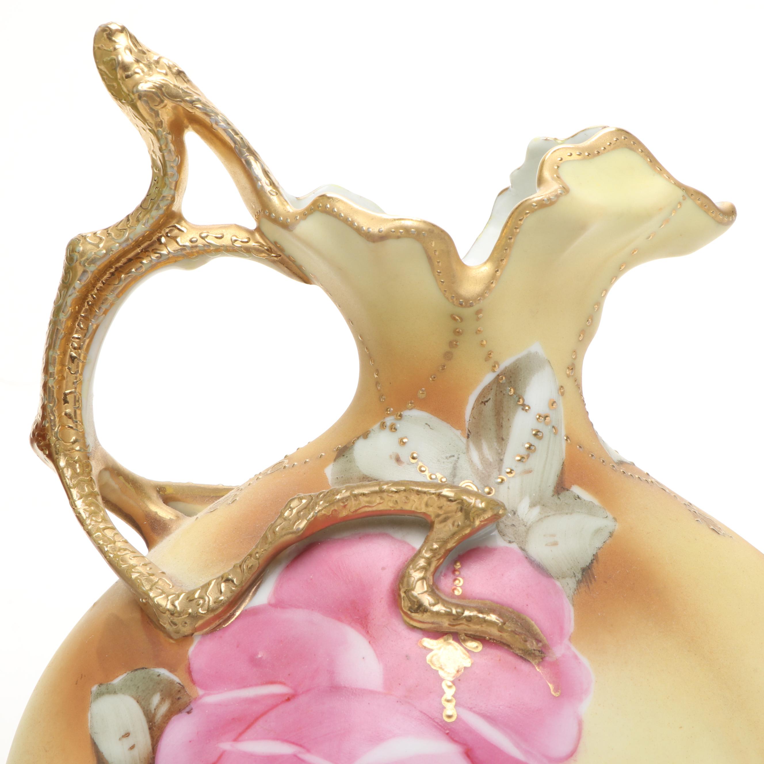 Art Nouveau Majolica Vase with Other Rose Pattern Porcelain Plates and Ewer