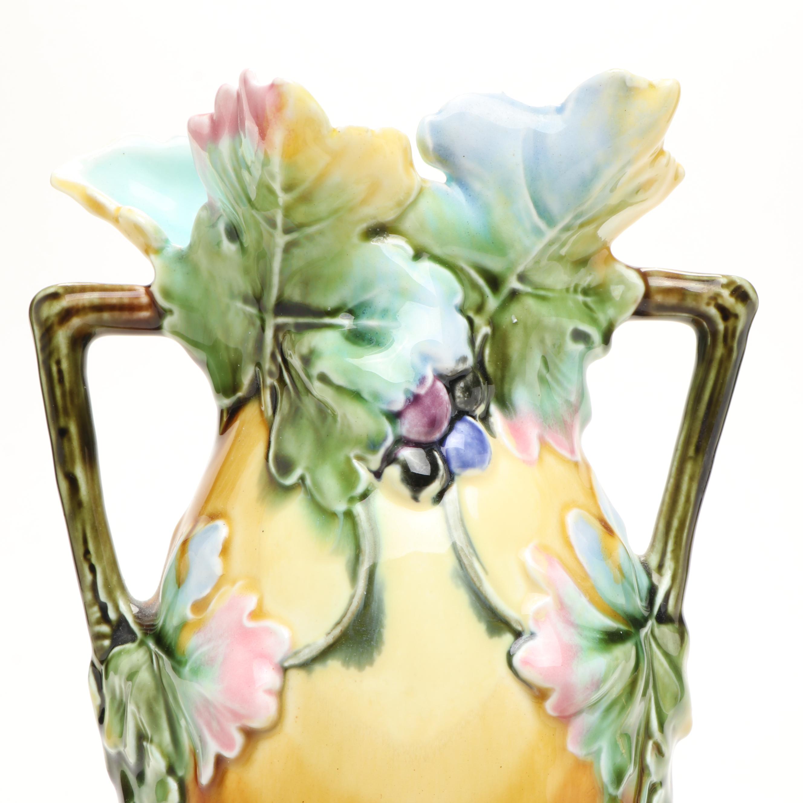 Art Nouveau Majolica Vase with Other Rose Pattern Porcelain Plates and Ewer