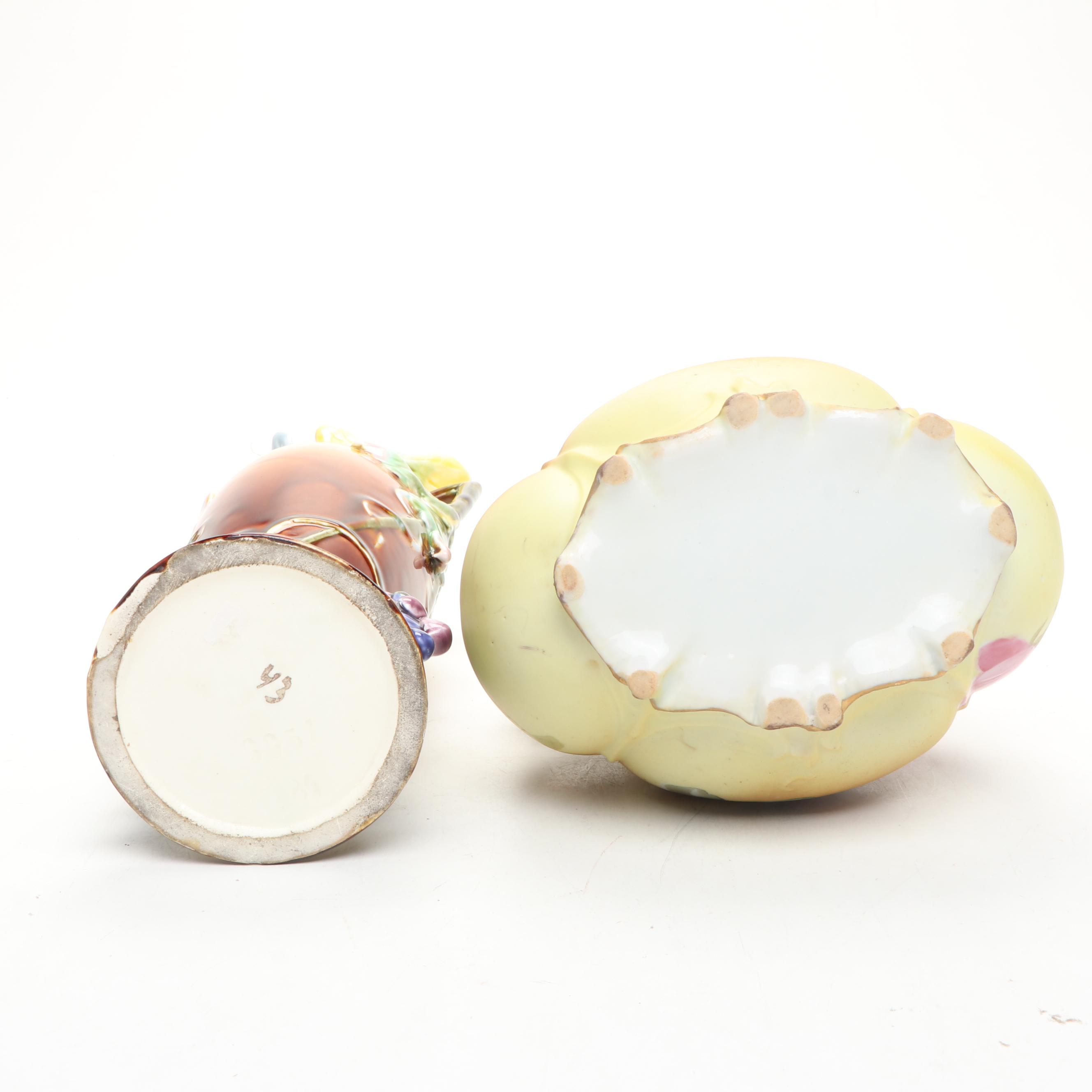 Art Nouveau Majolica Vase with Other Rose Pattern Porcelain Plates and Ewer