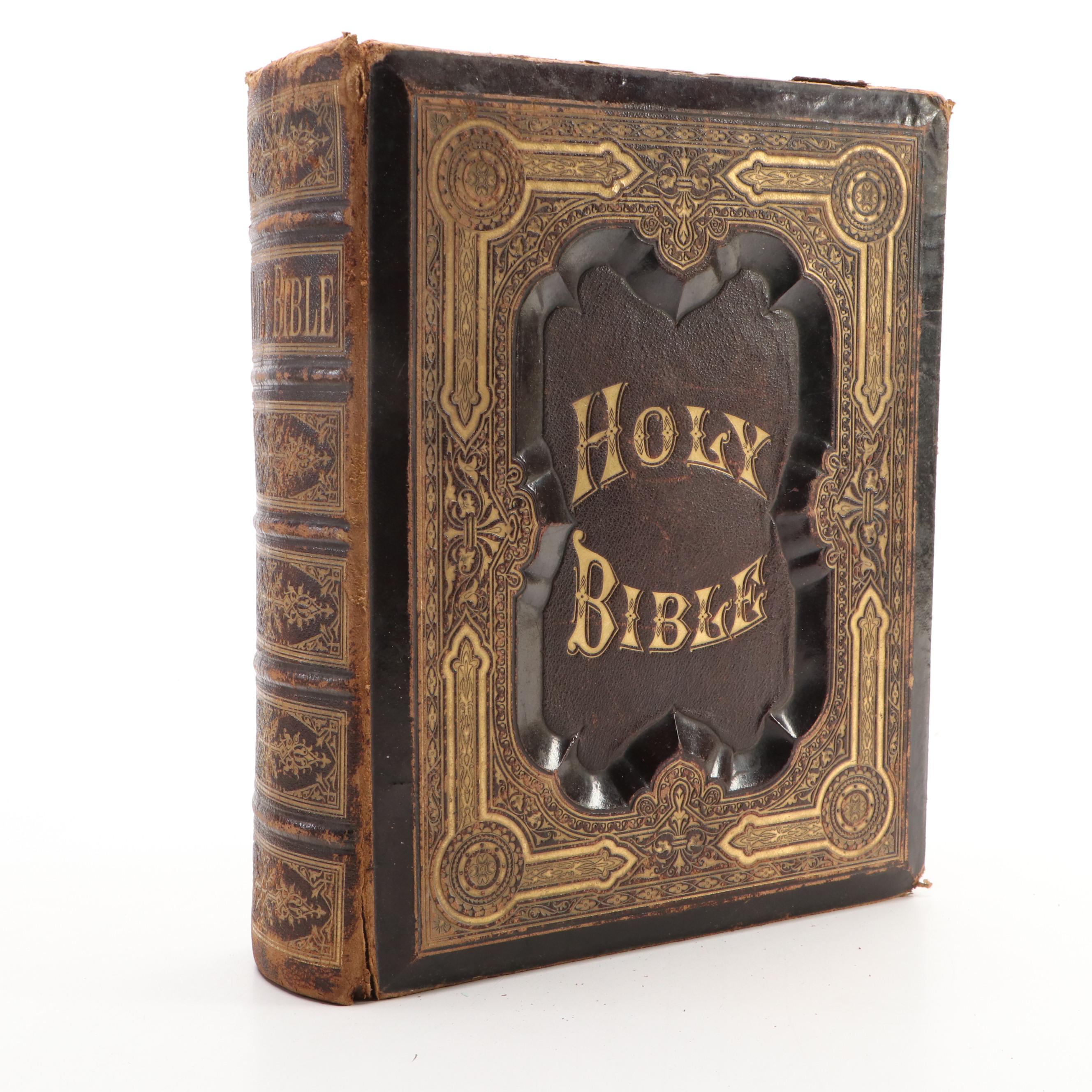 Embossed Leather Bound Pictorial Family Bible with Apocrypha, Late 19th Century