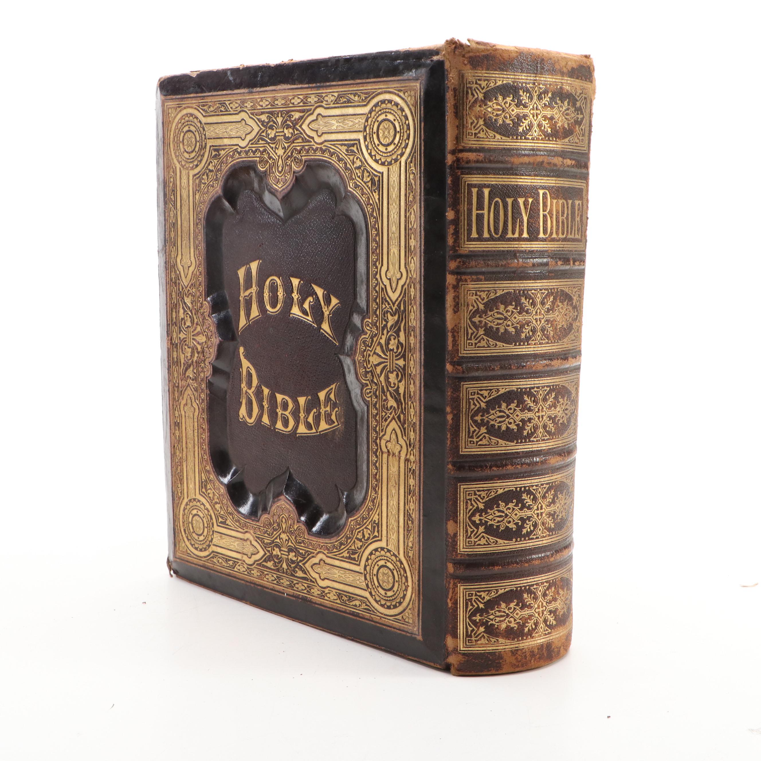 Embossed Leather Bound Pictorial Family Bible with Apocrypha, Late 19th Century
