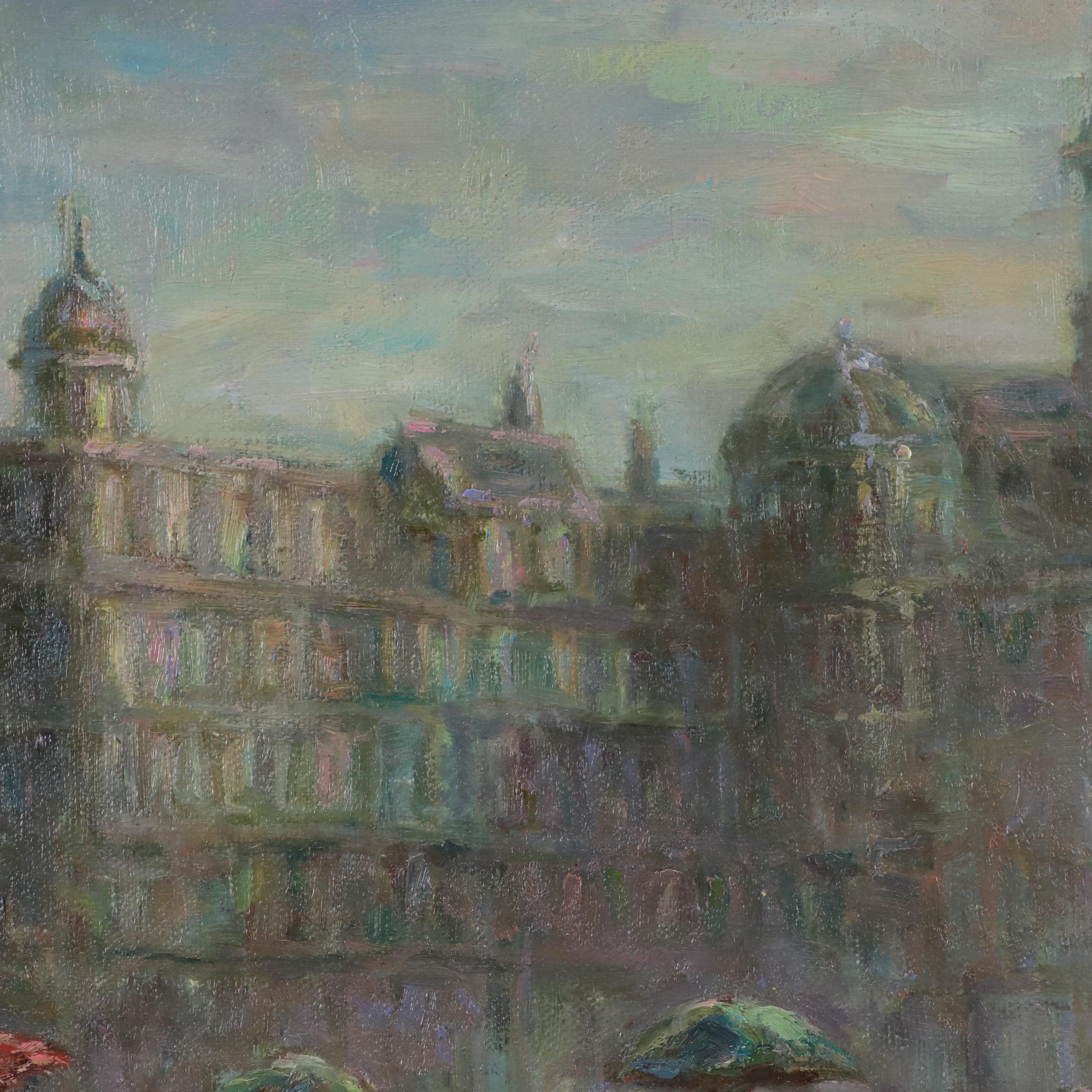 Cityscape Oil Painting of Newsstand on Rainy Cobblestone Street